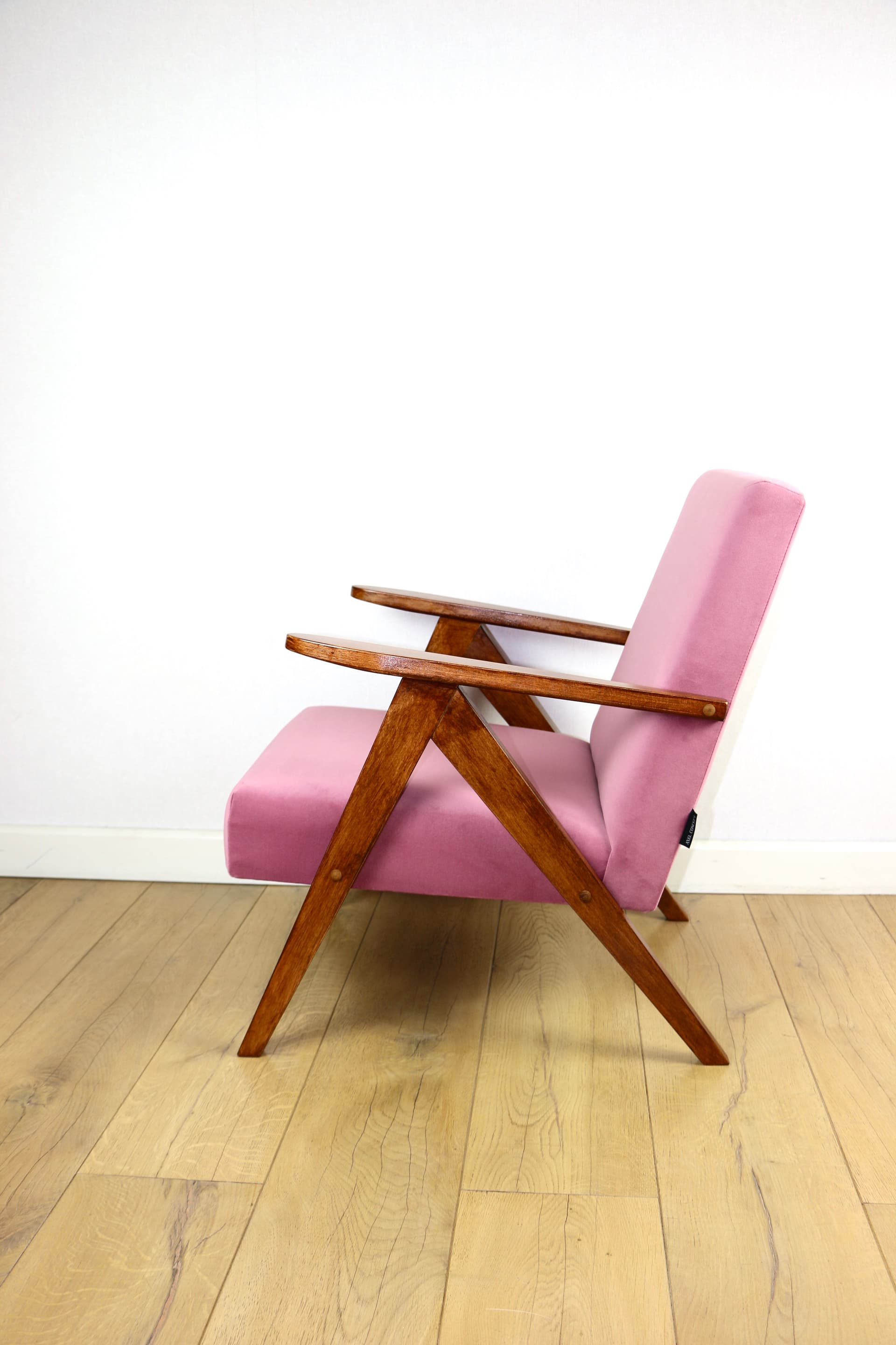 Armchair B-310 VAR, pink velvet, dark brown wood, Poland, 1970s. - 147332