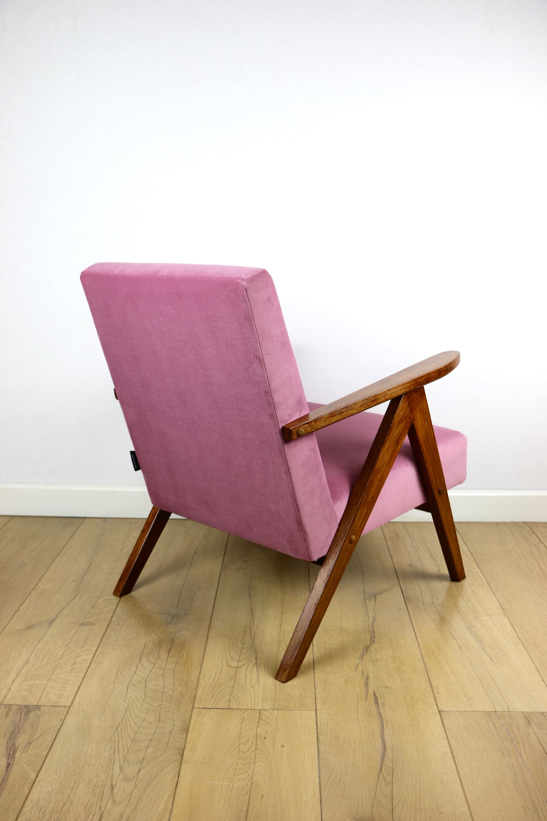 Armchair B-310 VAR, pink velvet, dark brown wood, Poland, 1970s. - 147330
