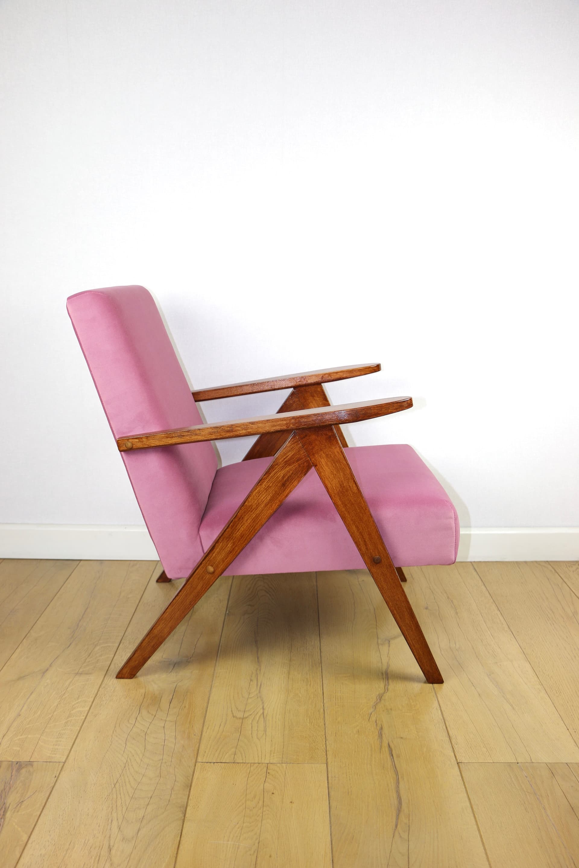 Armchair B-310 VAR, pink velvet, dark brown wood, Poland, 1970s. - 147329