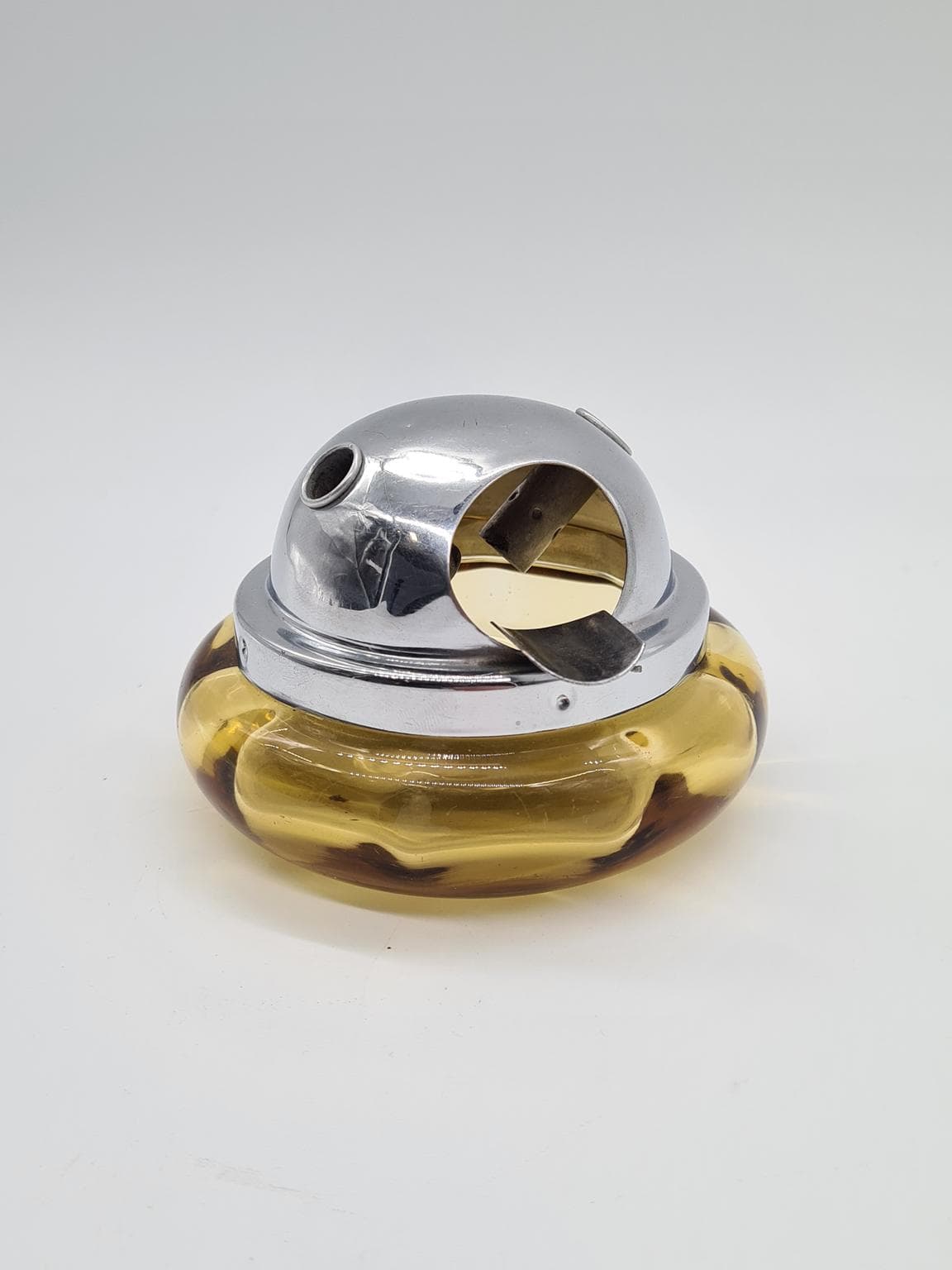 Ashtray Space Age, orange glass, chrome metal, 1970s. - 157894