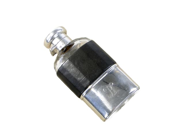 Piersiówka wiktoriańska, czarna skóra, szkło kryształowe, srebro, Wielka Brytania, początek XX wieku - WYMIARY