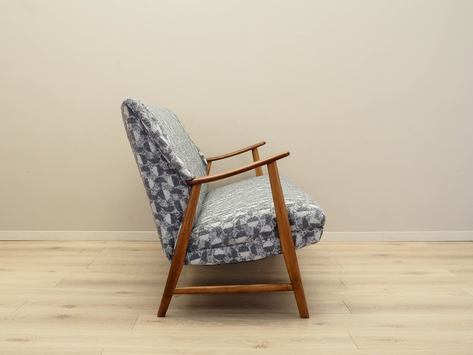 Sofa, szara, wełna, dąb, teak, Dania, lata 70. - 158563