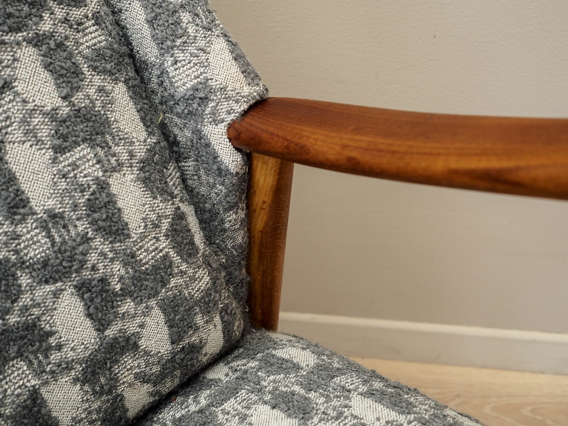 Sofa, szara, wełna, dąb, teak, Dania, lata 70. - 158569