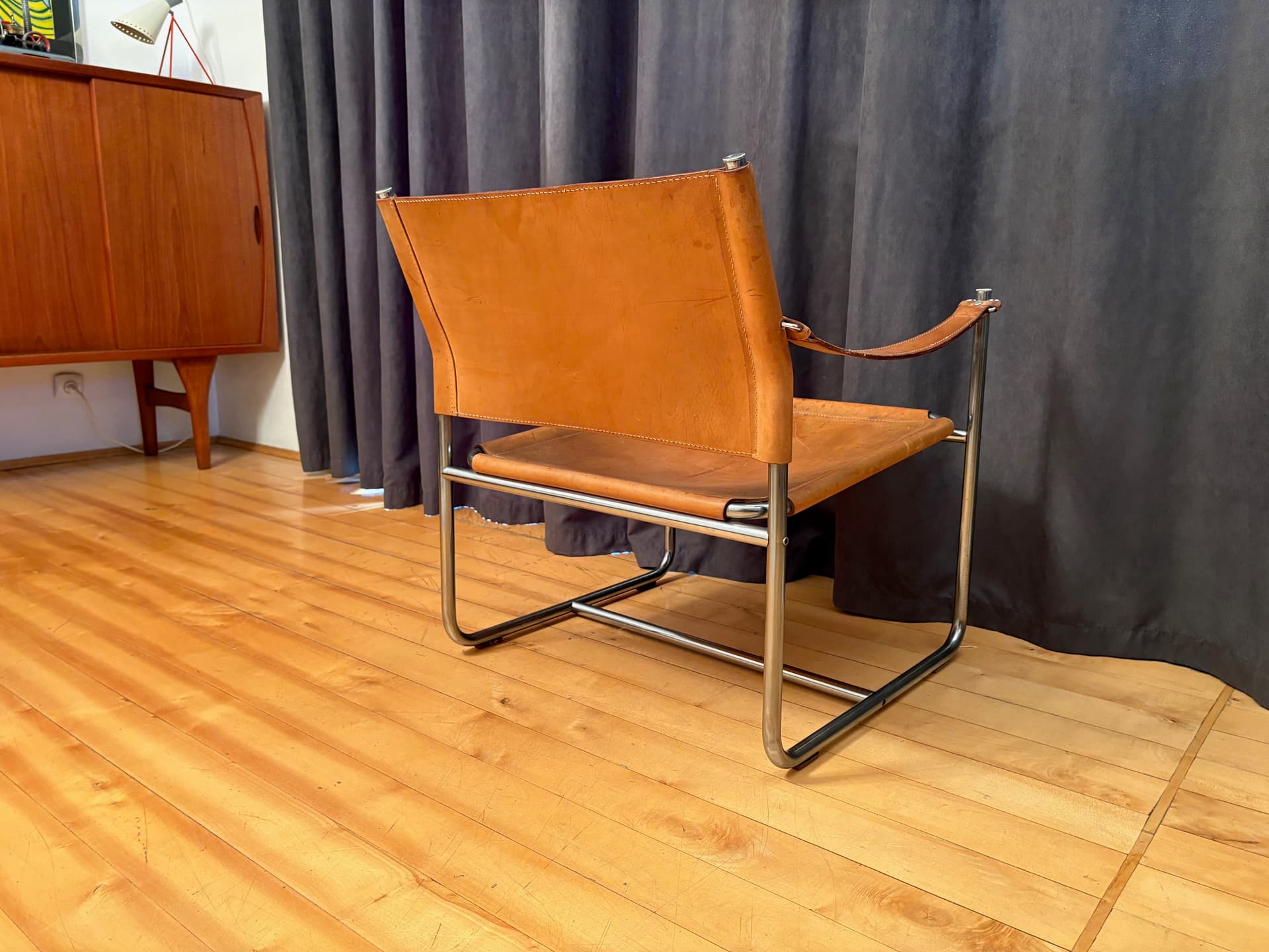 Armchair Amiral, brown leather, chromed steel, by K. Mobring, Ikea, Sweden, 1970s. - 159156