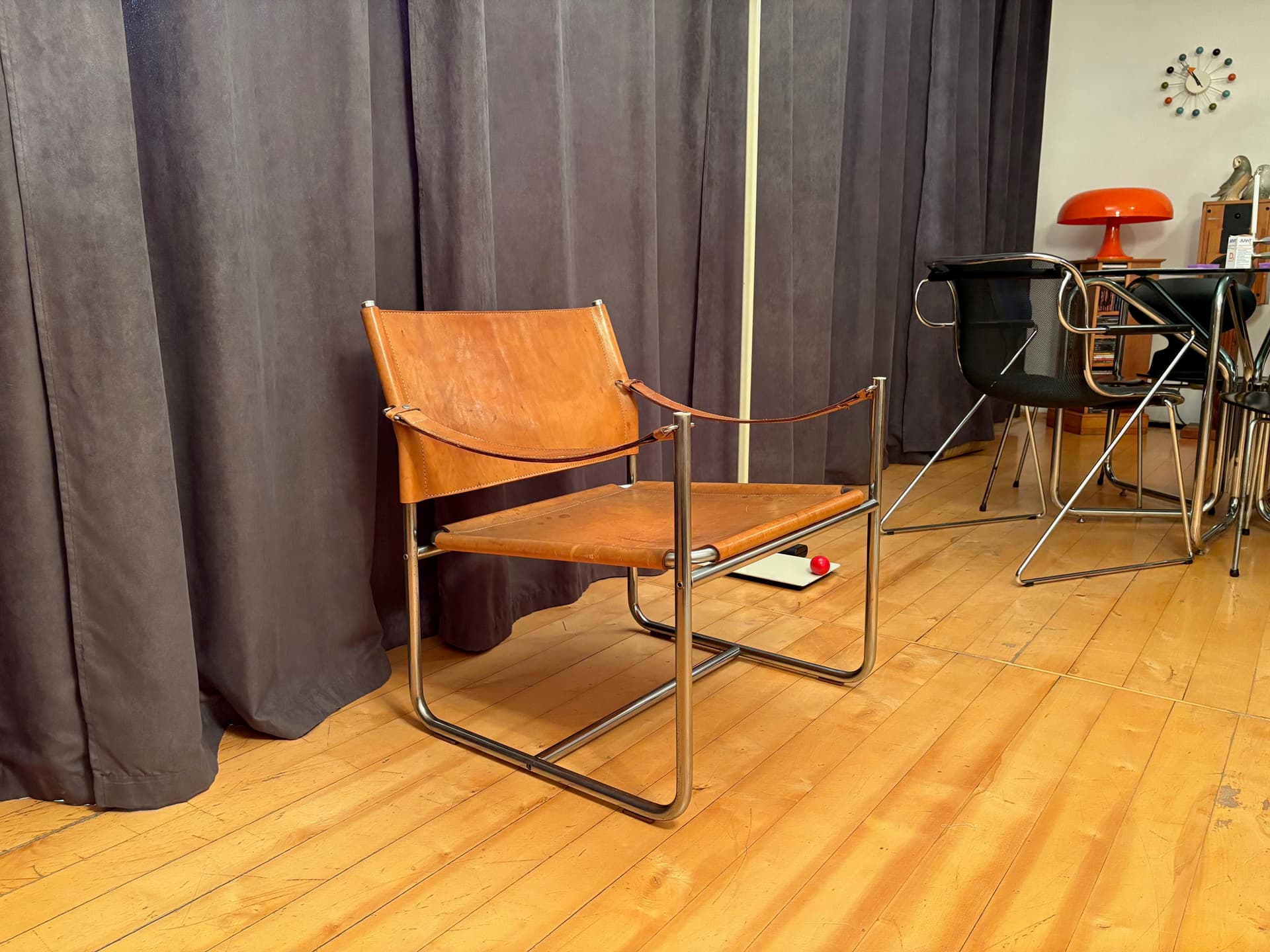 Armchair Amiral, brown leather, chromed steel, by K. Mobring, Ikea, Sweden, 1970s. - 159150