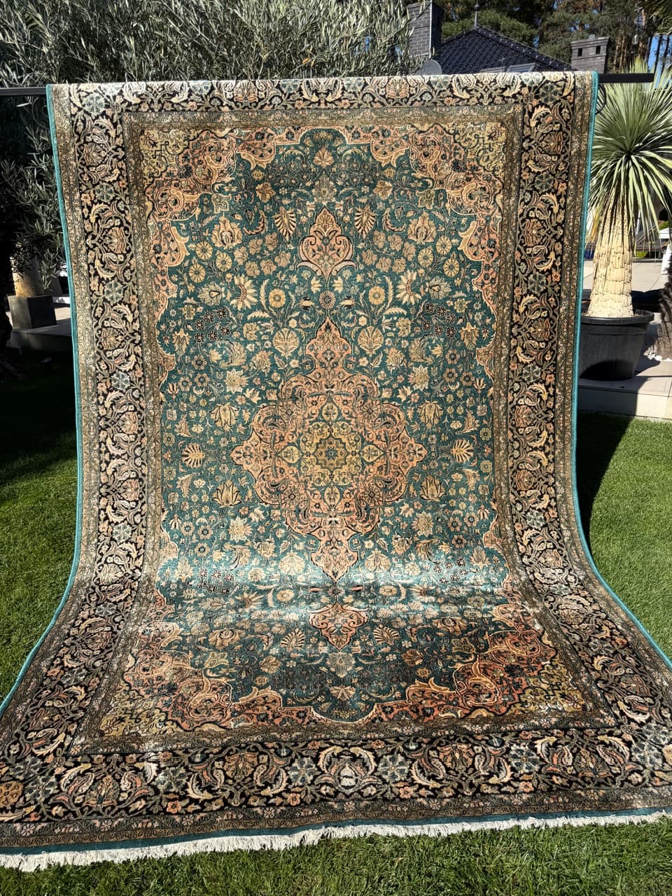 Dywan Ghoum, turkus, jedwab, Indie, lata 90. - 159344