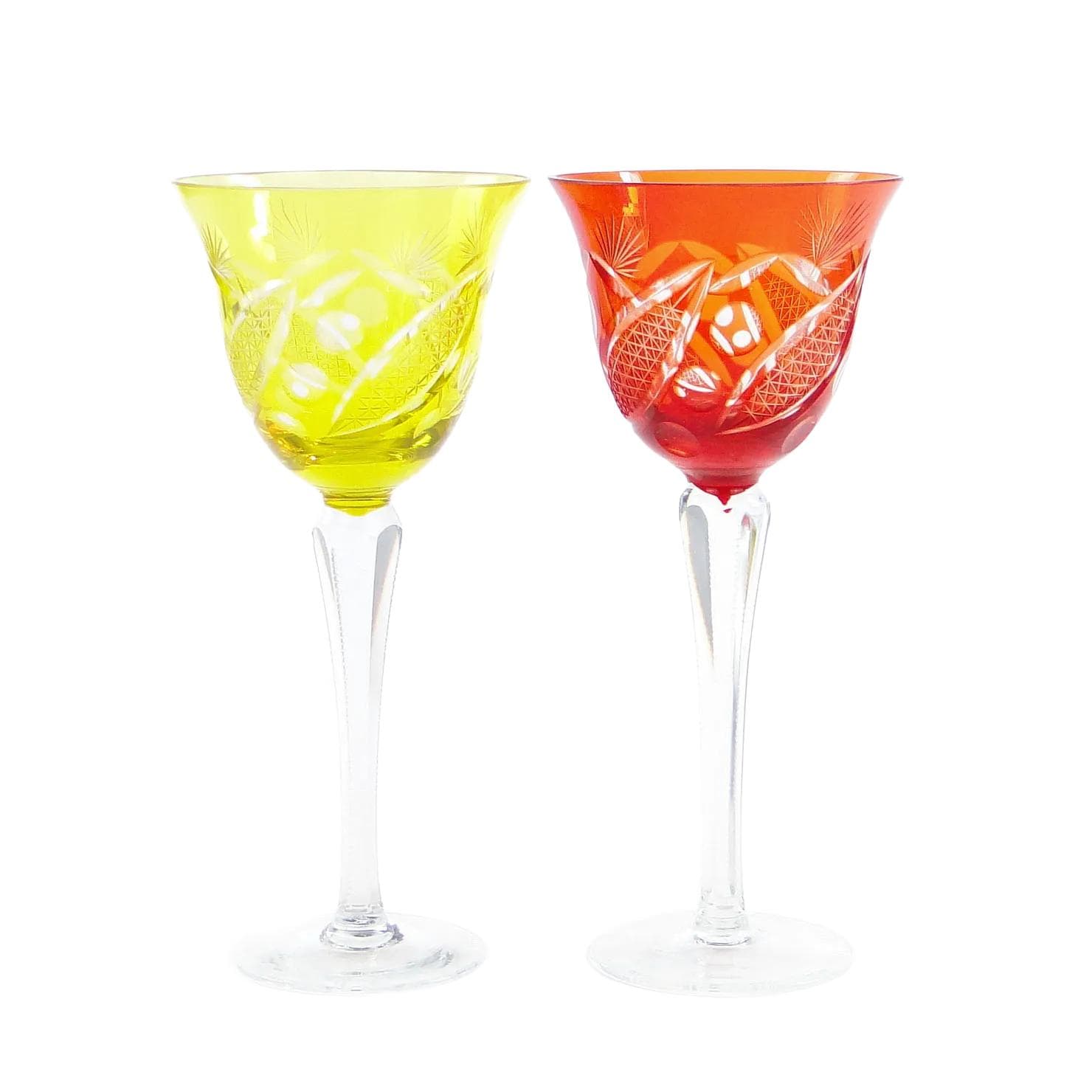 Para kielichów do wina, kryształ żółty i pomarańczowy, Huta Józefina, Polska, lata 30.