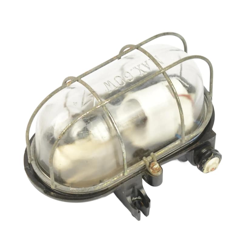 Kinkiet industrialny, szkło transparent, bakelit czarny, metal szary, Fabryki Materiałów Światłoczułych FOTON, Polska, lata 60.