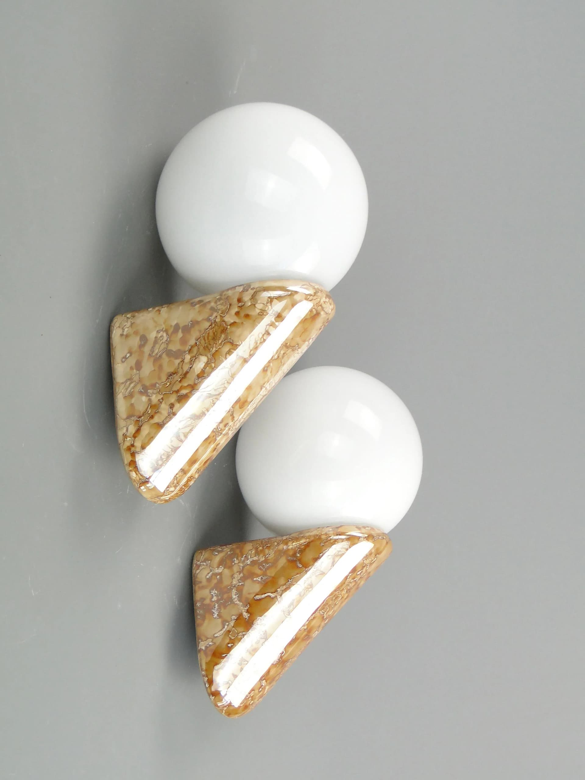 Pair of wall sconces, beige ceramics, white glass, Poland, 1970s. - 160765