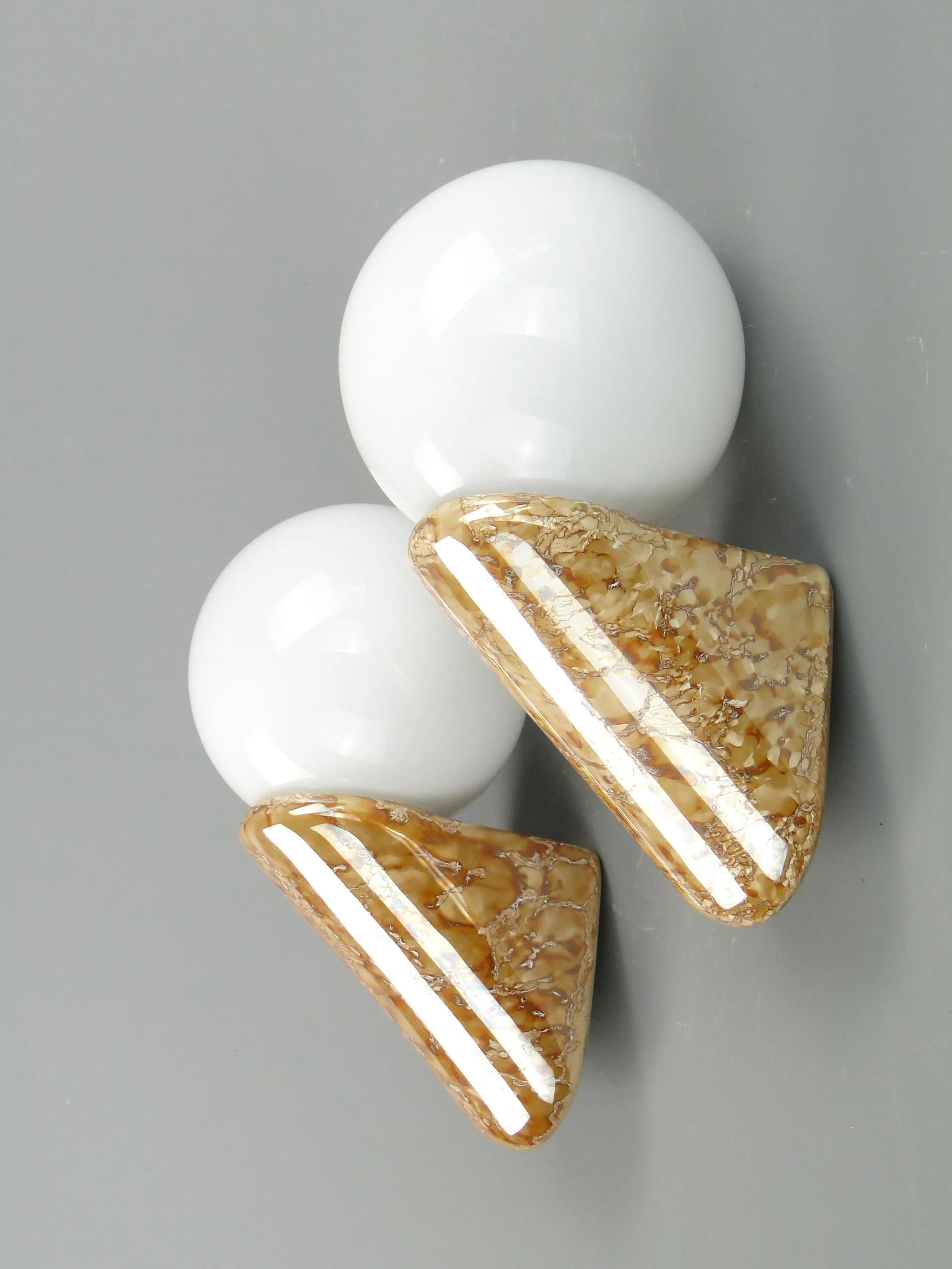 Pair of wall sconces, beige ceramics, white glass, Poland, 1970s. - 160770