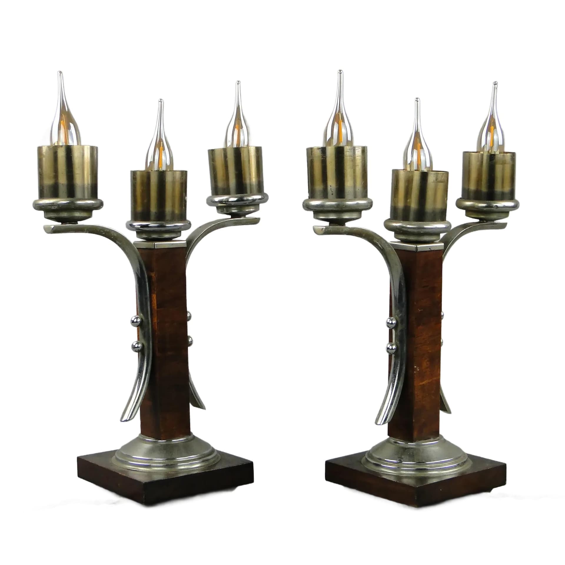 Para lamp stołowych Art Deco, orzech, mosiądz niklowany, Belgia, lata 30.