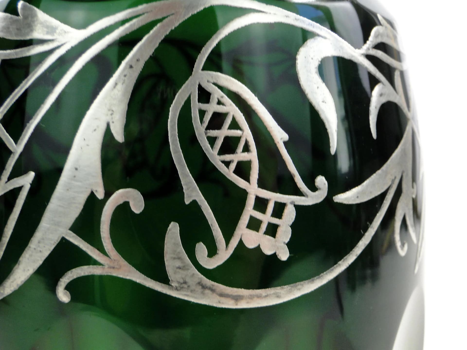 Wazon kryształowy szmaragdowy, srebro, proj. S. Haertel, Polska, lata 40. - 160649