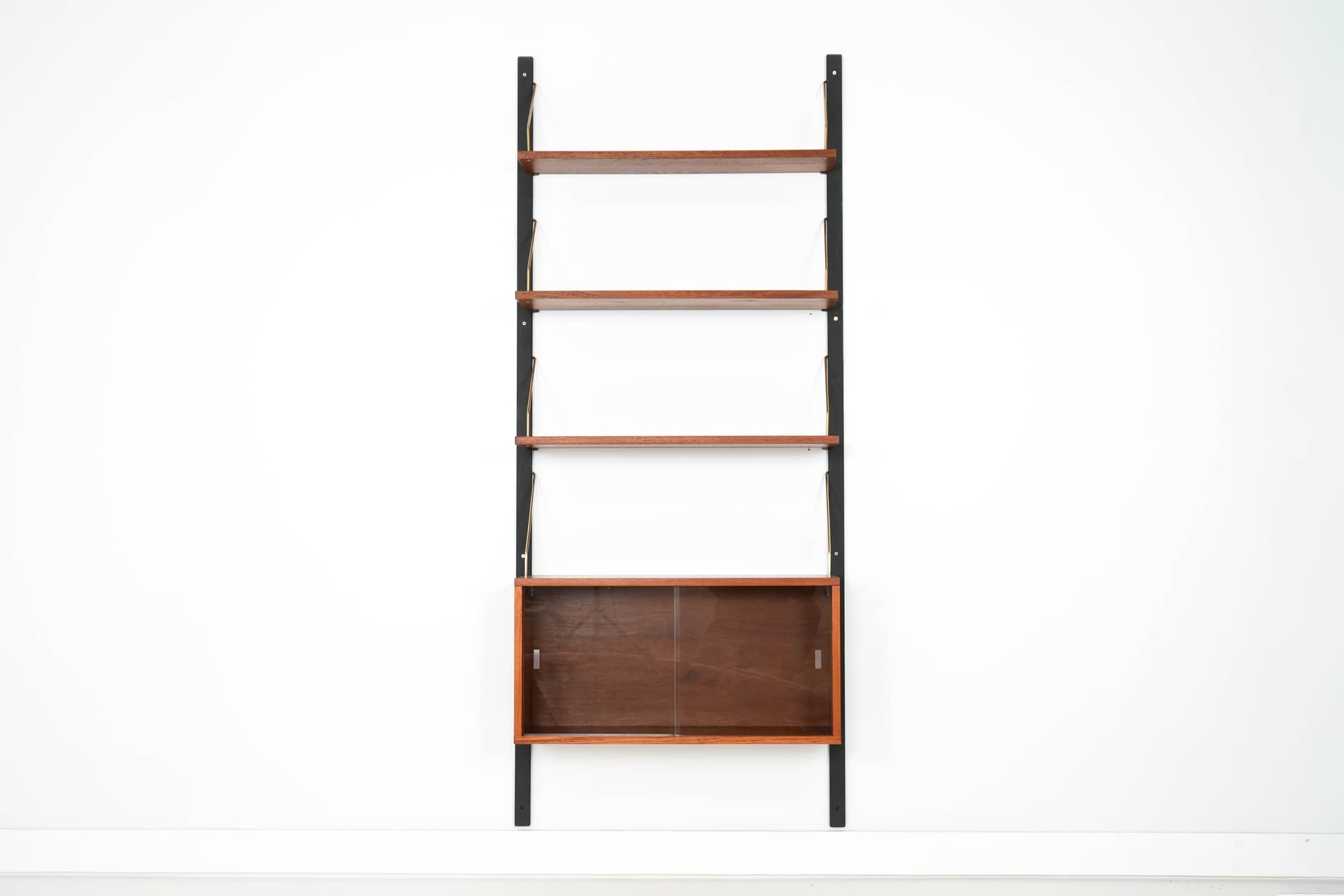 Regał systemowy, tek, metal czarny, szkło transparentny, Dania, lata 60. - 161052