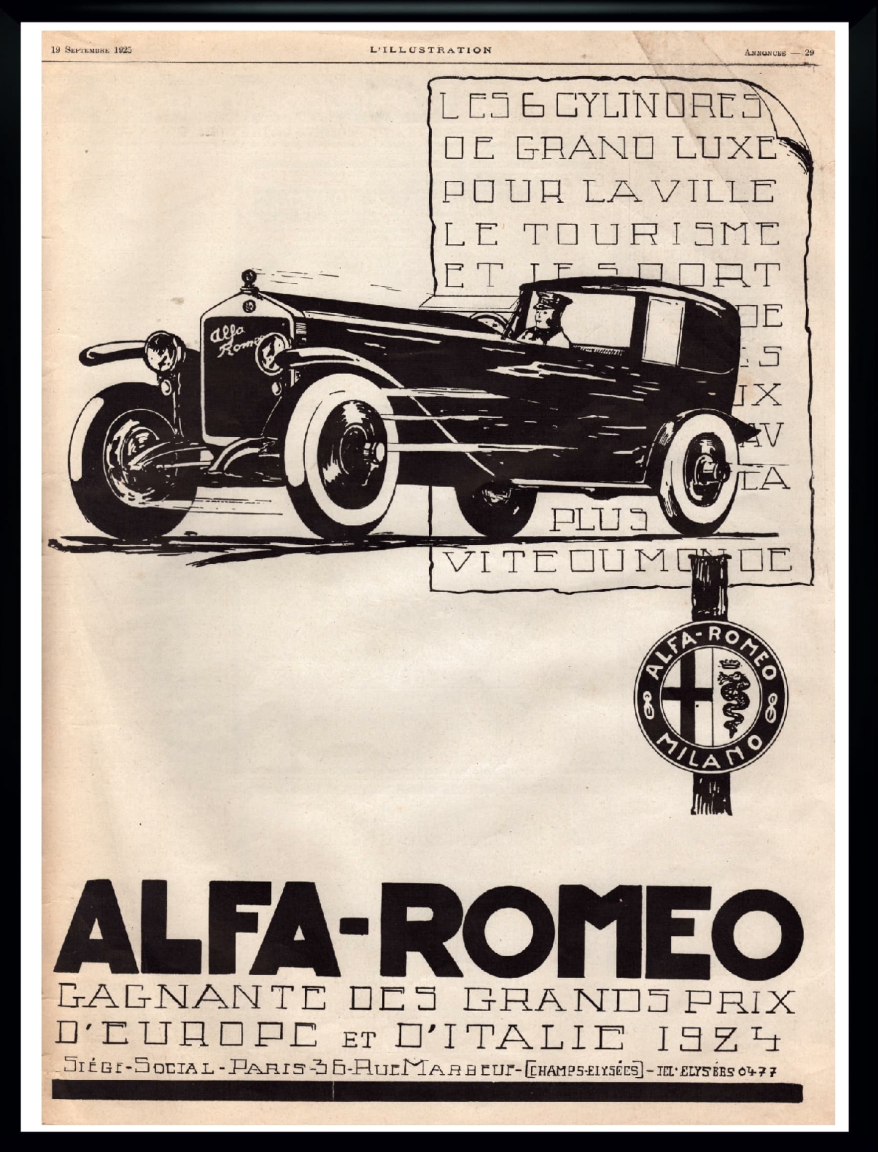 Plakat reklamowy Alfa Romeo, Art Déco, biały, papier, Francja, lata 20.