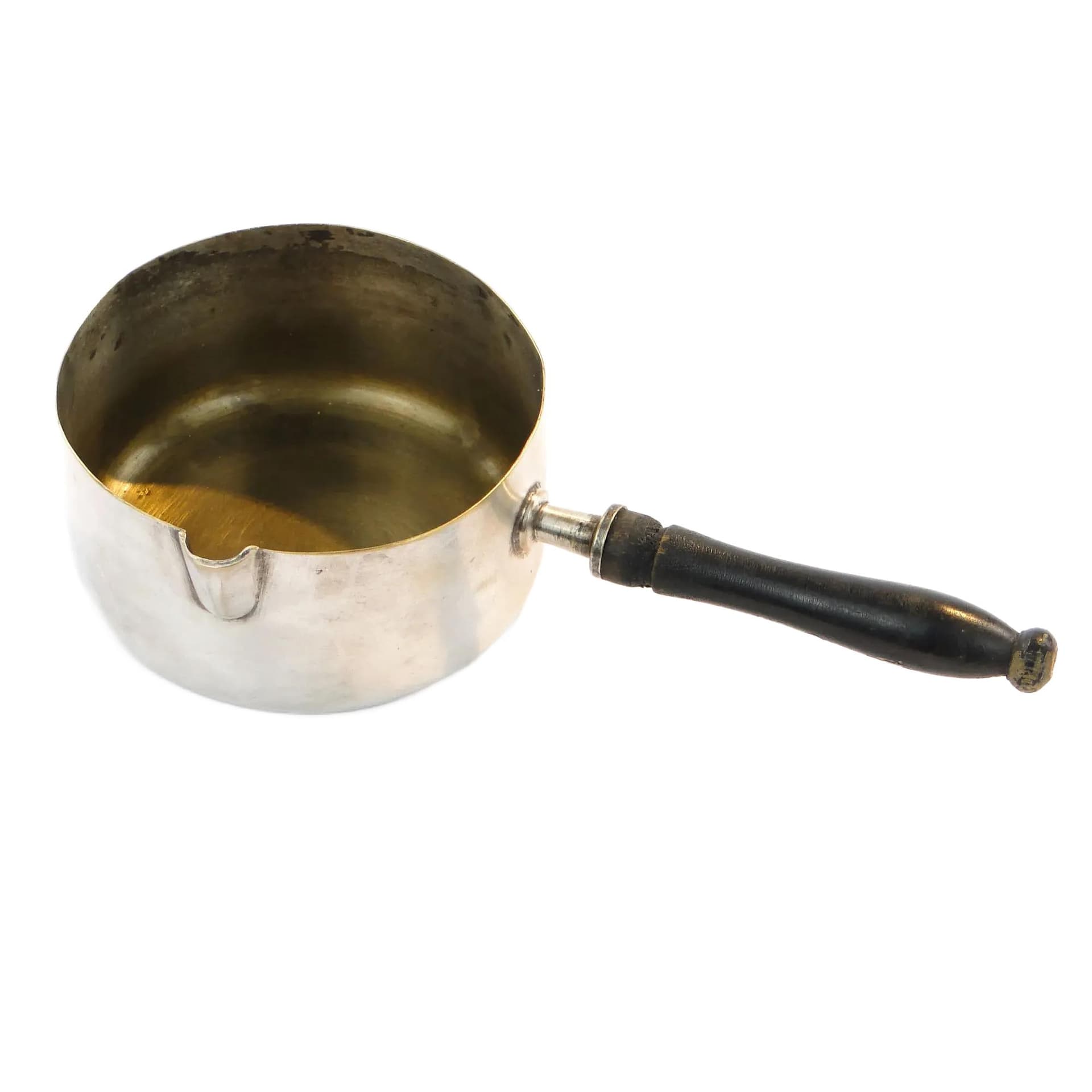 Brandy Warmer, silver-plated brass, black wood, England, 1920s.