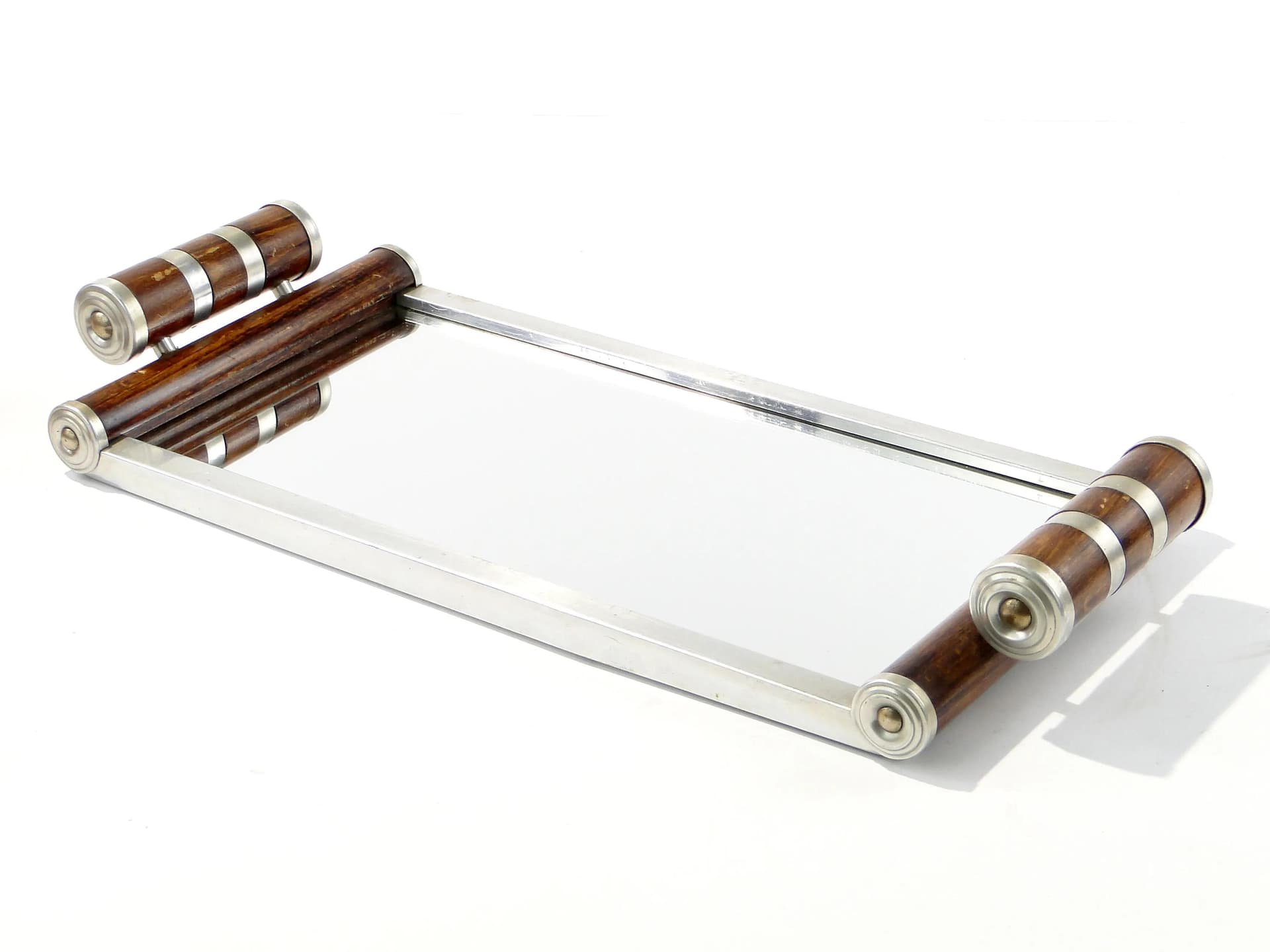 Taca Art Deco, chromowany metal, drewno brązowe, lustro, Czechosłowacja, lata 30. - 163893