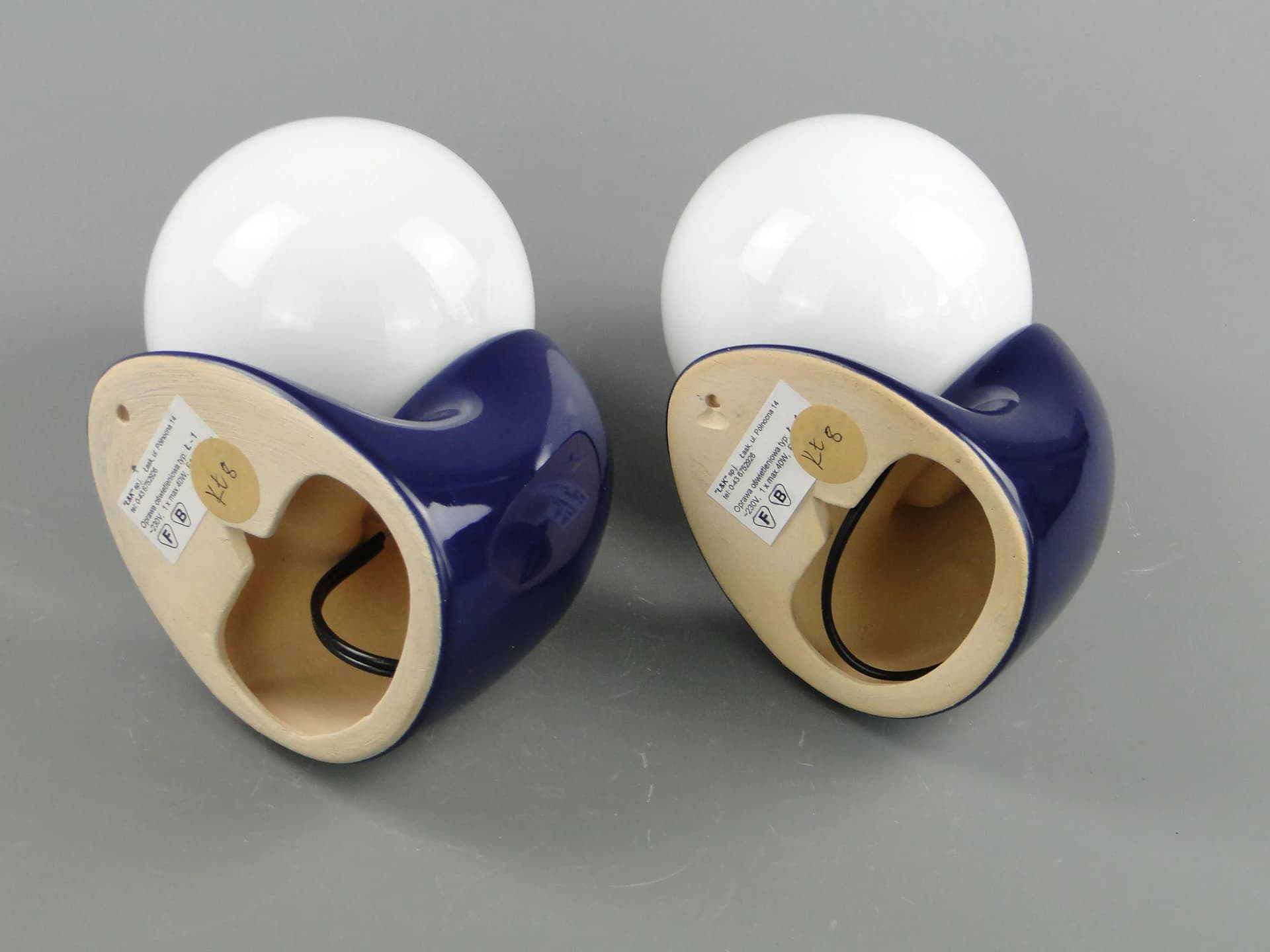 Pair of wall sconces, Space Age, navy blue, glazed ceramics glass, Poland, 1970s. - 163877