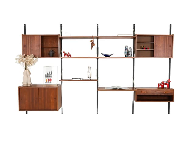 Regał systemowy, tek brązowy, stal czarna, Dania, lata 60. - WYMIARY