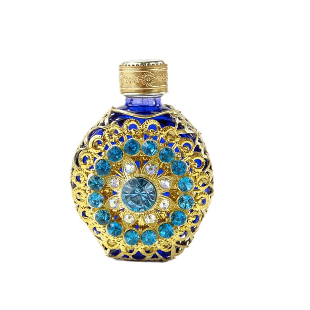 Flakon na perfumy, secesja, szkło kobaltowe, złocona koronka, wielobarwne kamienie, Czechosłowacja, lata 50. - WYMIARY