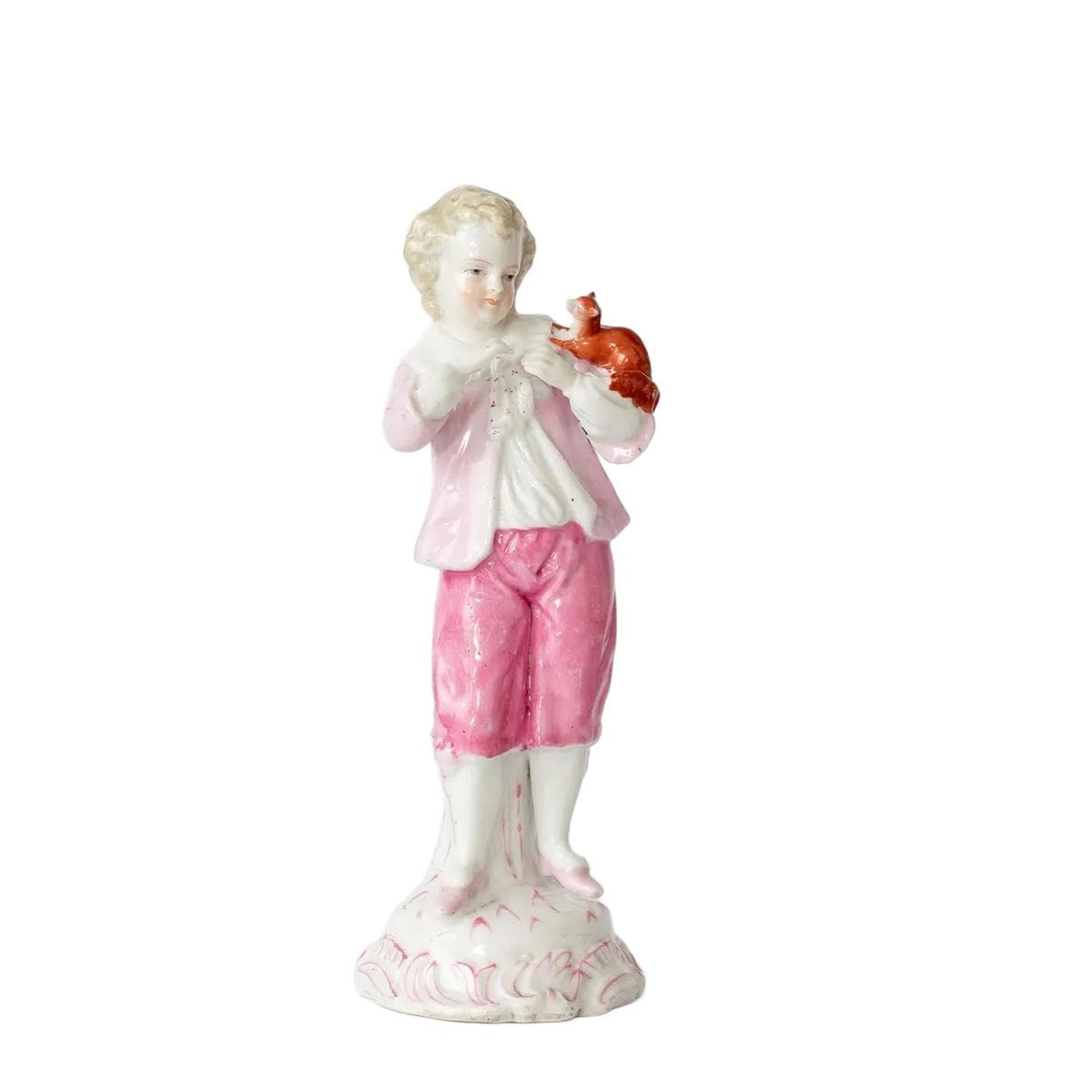 Figurka chłopca z wiewiórką, biały, różowy, porcelana, Schmeisser Porzellan Manufaktur, Niemcy, XIX w.