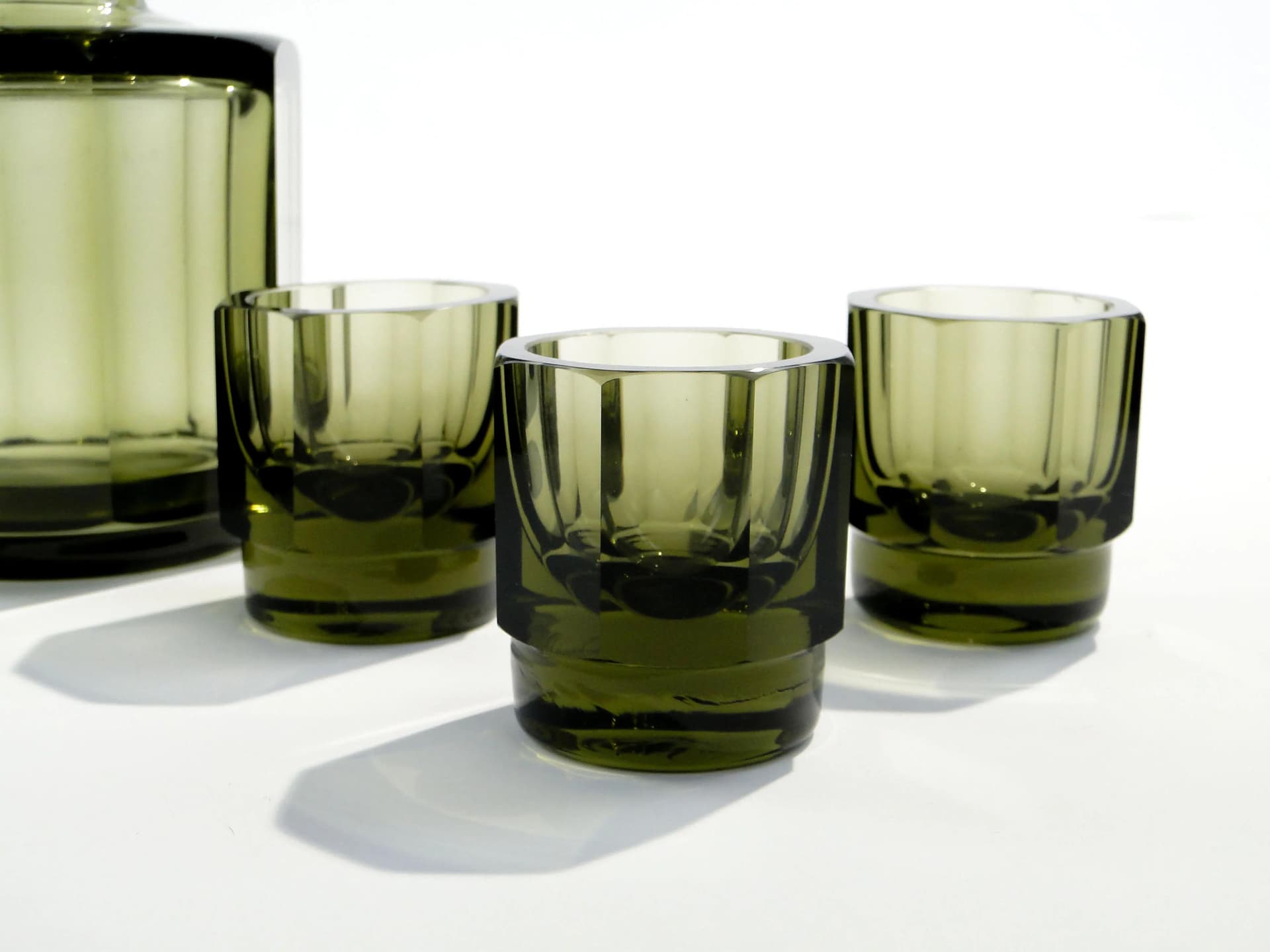 Serwis likierowy Art Deco, oliwkowy, kryształ, Moser, Czechy, lata 30. - 163335