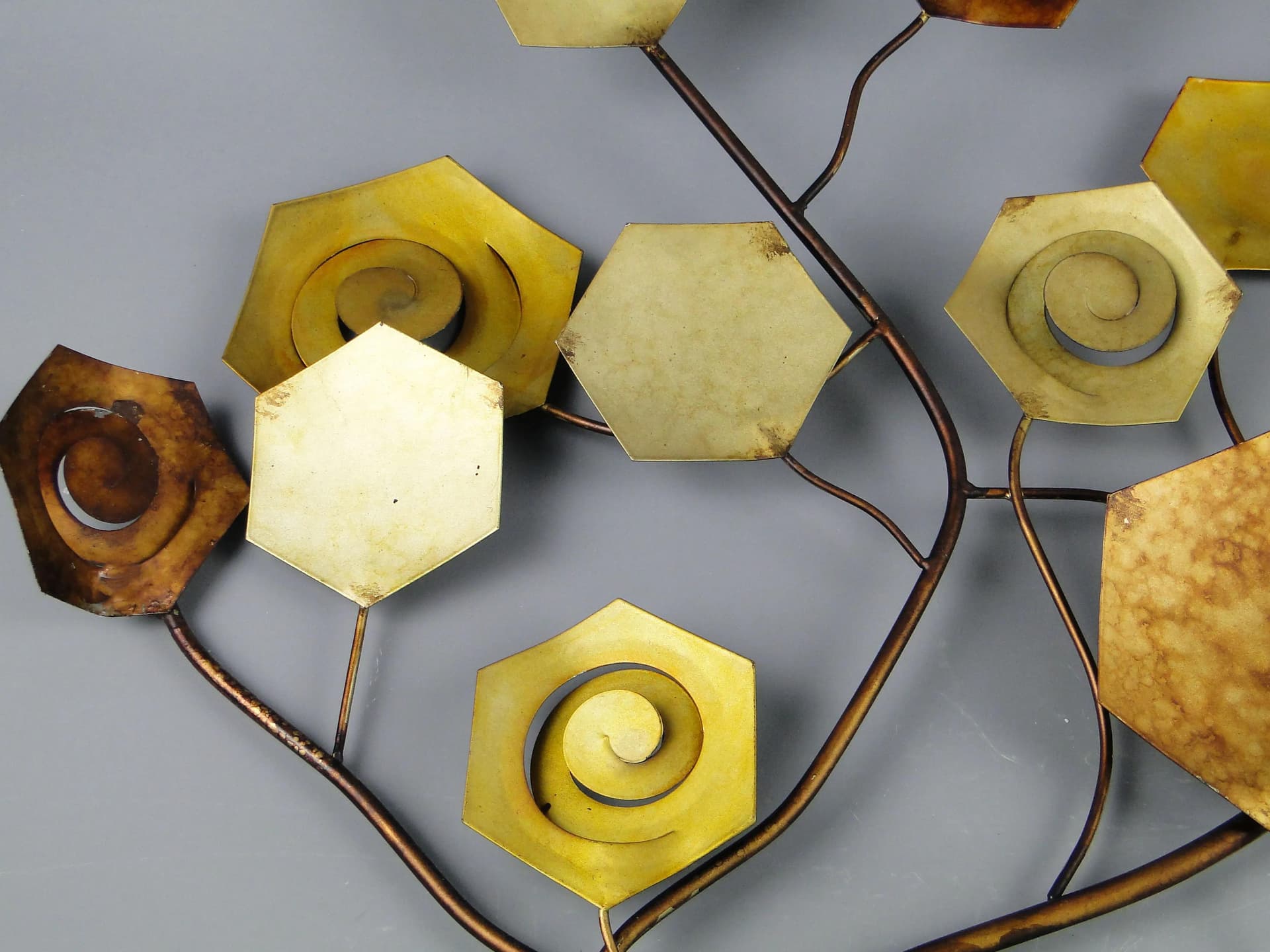 Rzeźba ścienna, drzewo, metal miedziany mosiądz, proj. C. Jere, USA, lata 70. - 163246