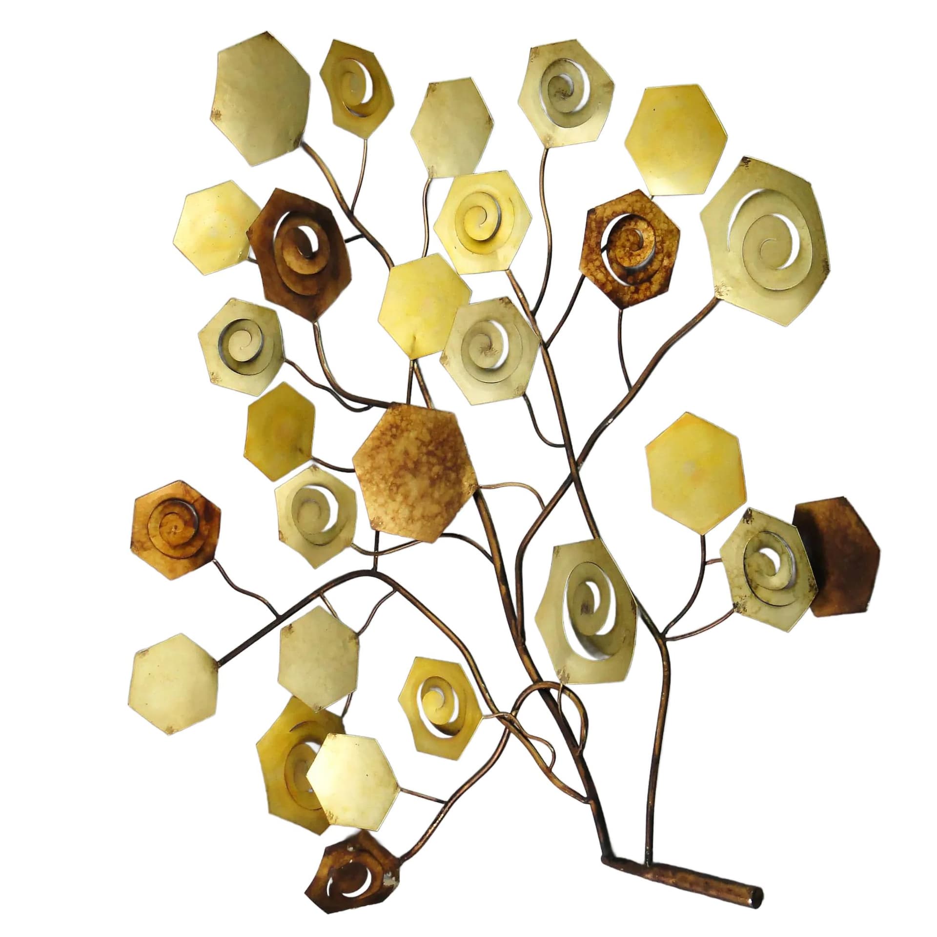 Rzeźba ścienna, drzewo, metal miedziany mosiądz, proj. C. Jere, USA, lata 70.