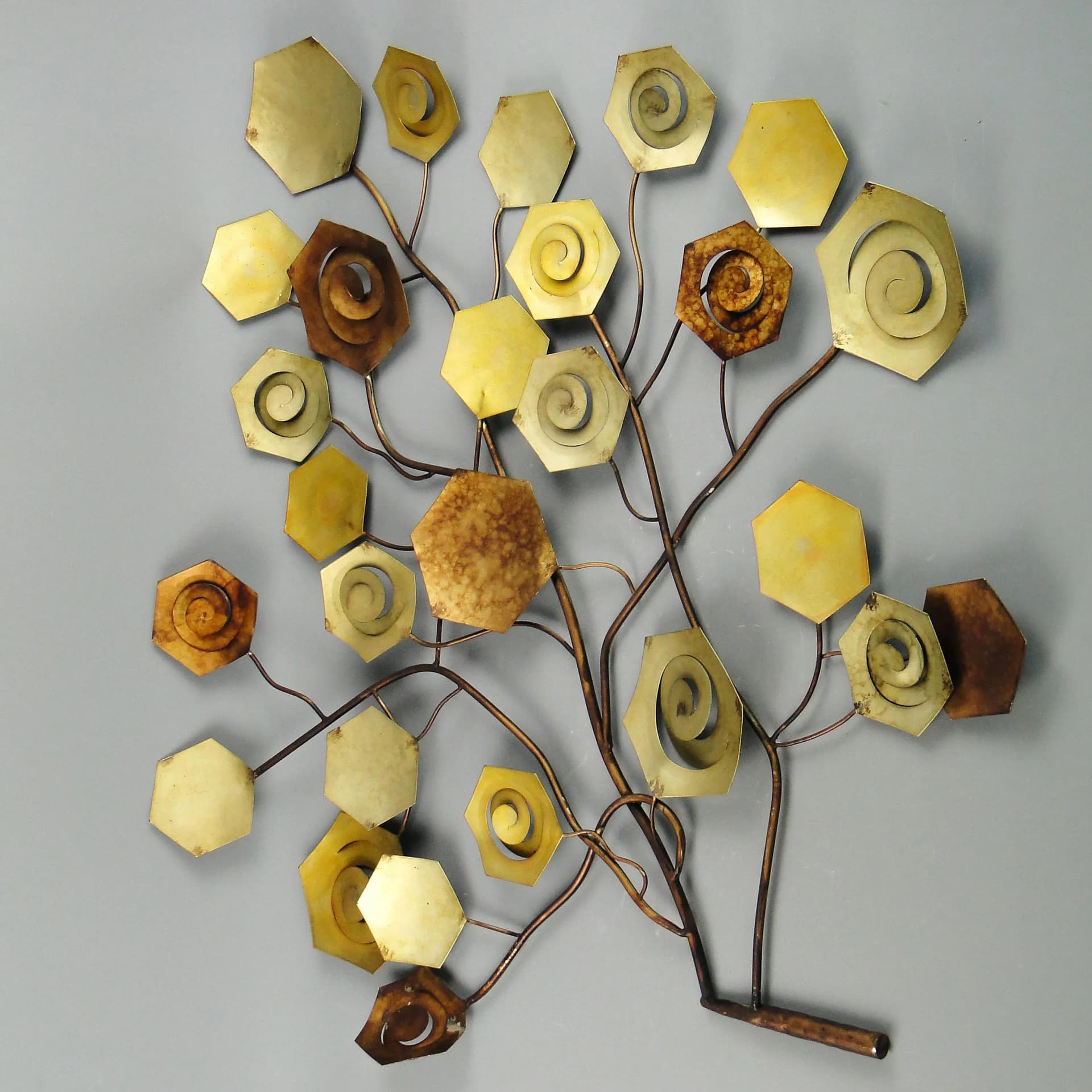 Rzeźba ścienna, drzewo, metal miedziany mosiądz, proj. C. Jere, USA, lata 70. - 163242