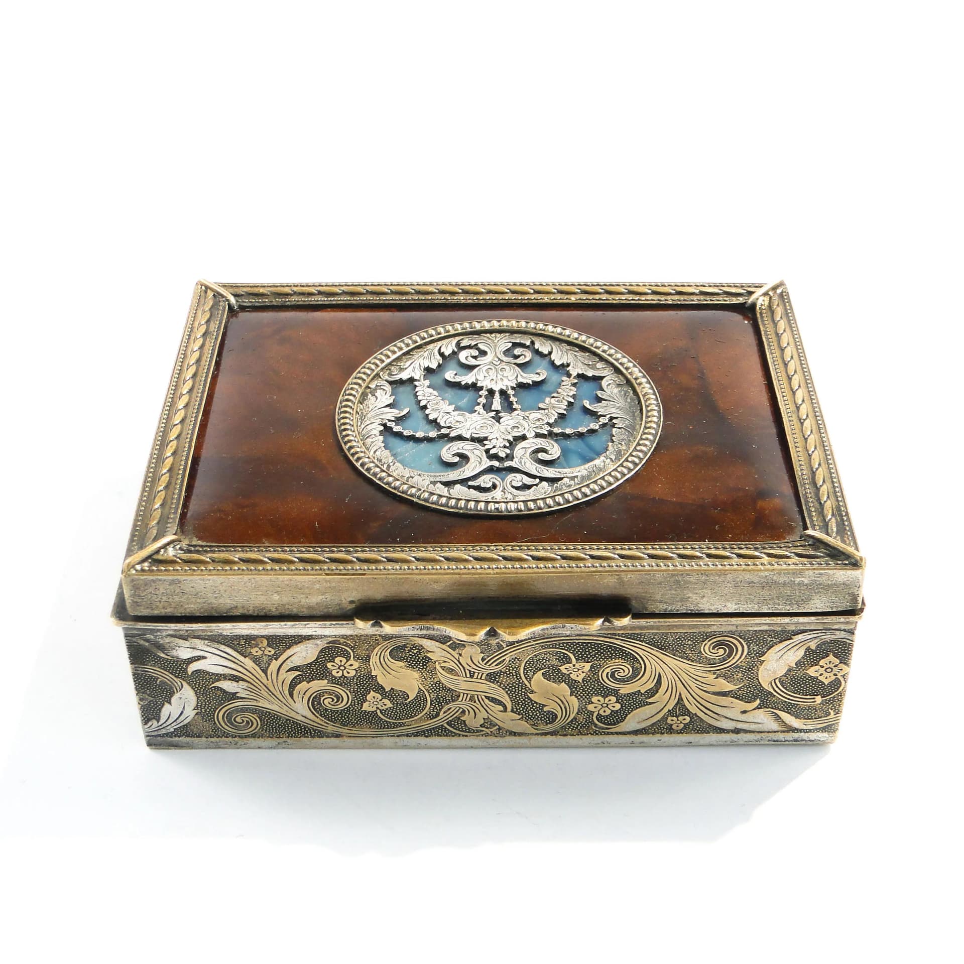 Pudełko na biżuterię neoklasycystyczne, brąz złoty, drewno mahoń, szylkret, Francja, XIX w. - 163157