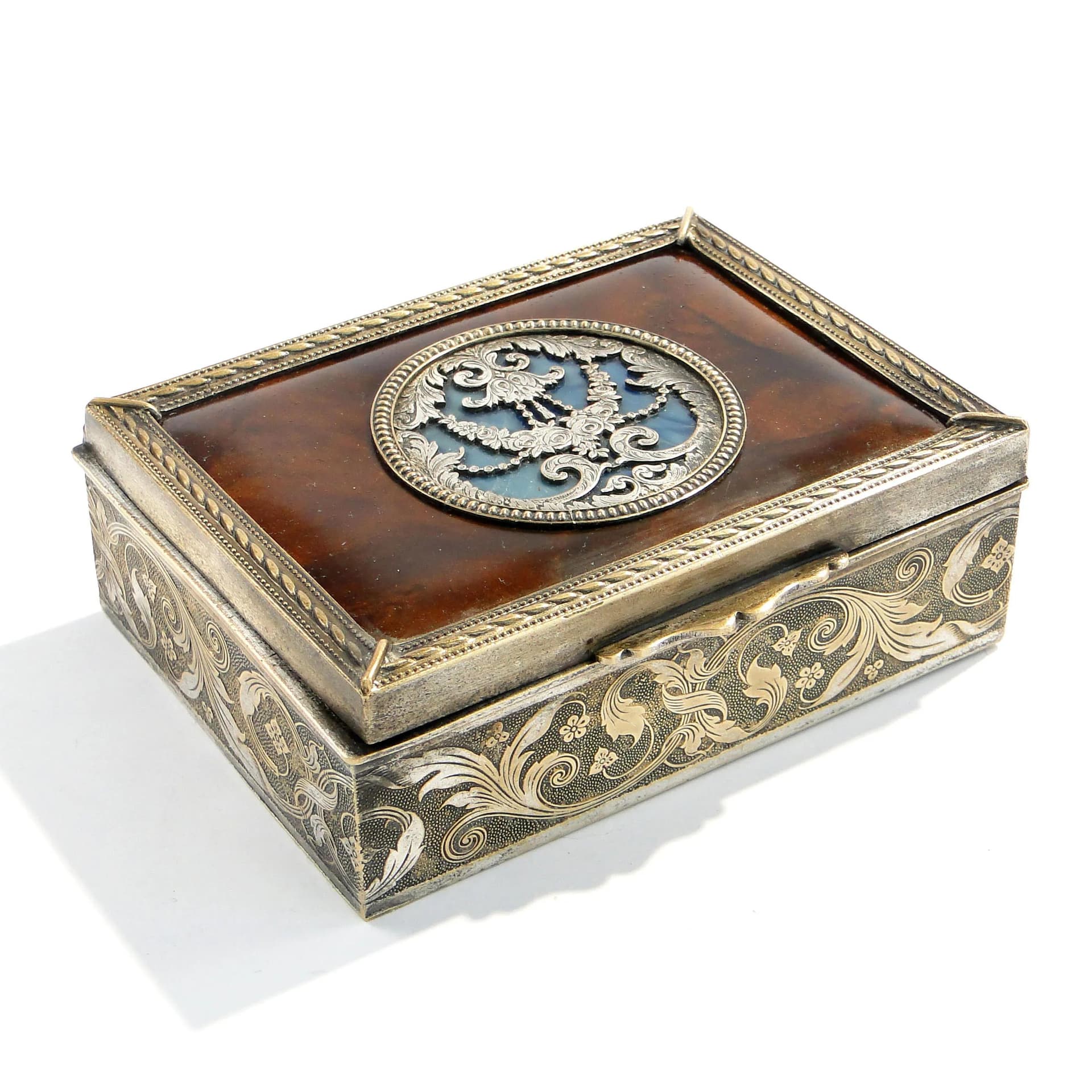 Pudełko na biżuterię neoklasycystyczne, brąz złoty, drewno mahoń, szylkret, Francja, XIX w. - 163159