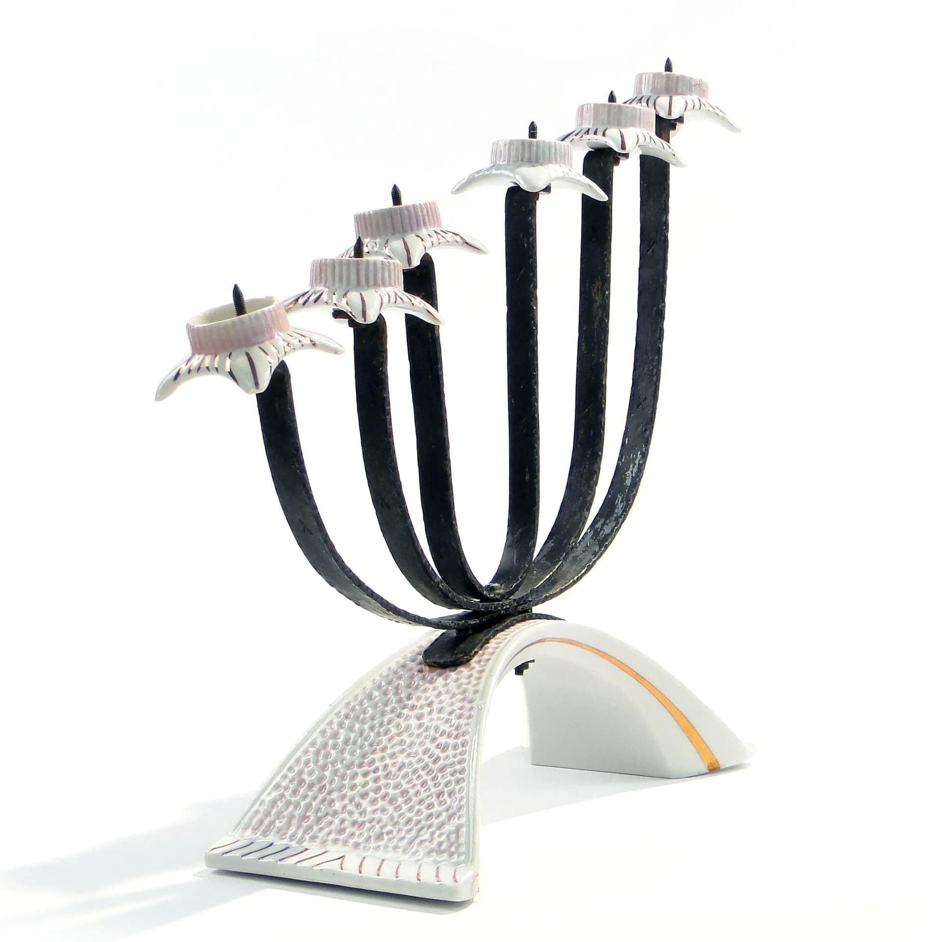 Świecznik Pop Art, biały, porcelana glazurowana stal czarna, Polska, lata 60. - 163095