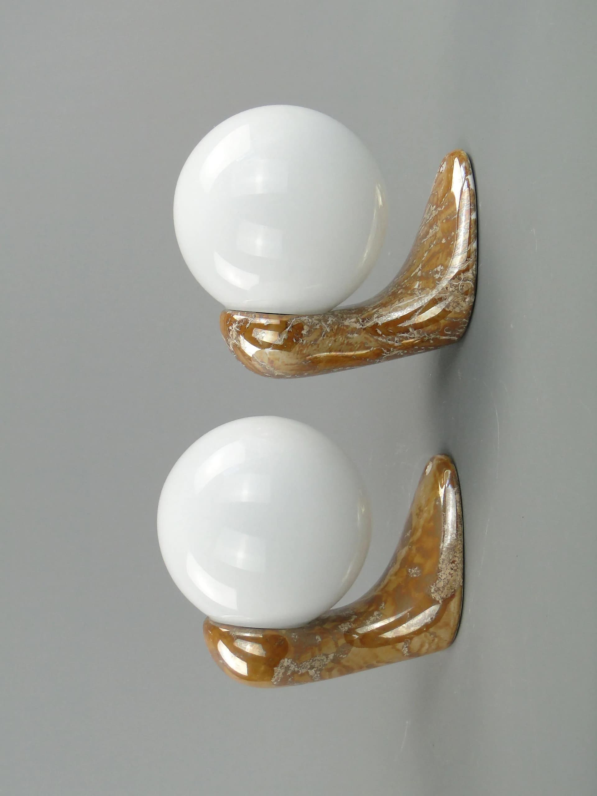 Pair of modernist sconces, brown–golden–beige ceramics, white glass, Poland, 1970s. - 162994