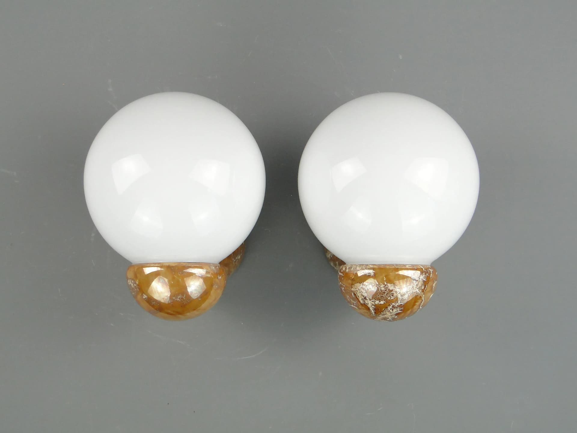 Pair of modernist sconces, brown–golden–beige ceramics, white glass, Poland, 1970s. - 162993