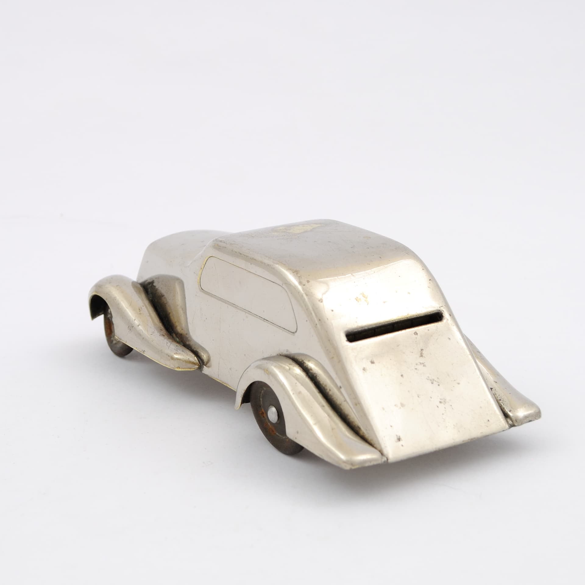 Skarbonka samochód, srebrny, mosiądz niklowany, stal, Kovoprace JTB, Czechosłowacja, lata 30. - 162341