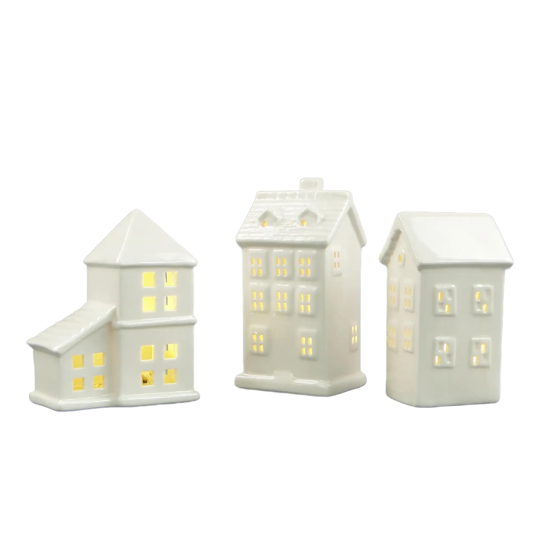 Zestaw trzech lampionów Miasteczko, biały beżowy, ceramika szkliwiona, Polska, XXI w.