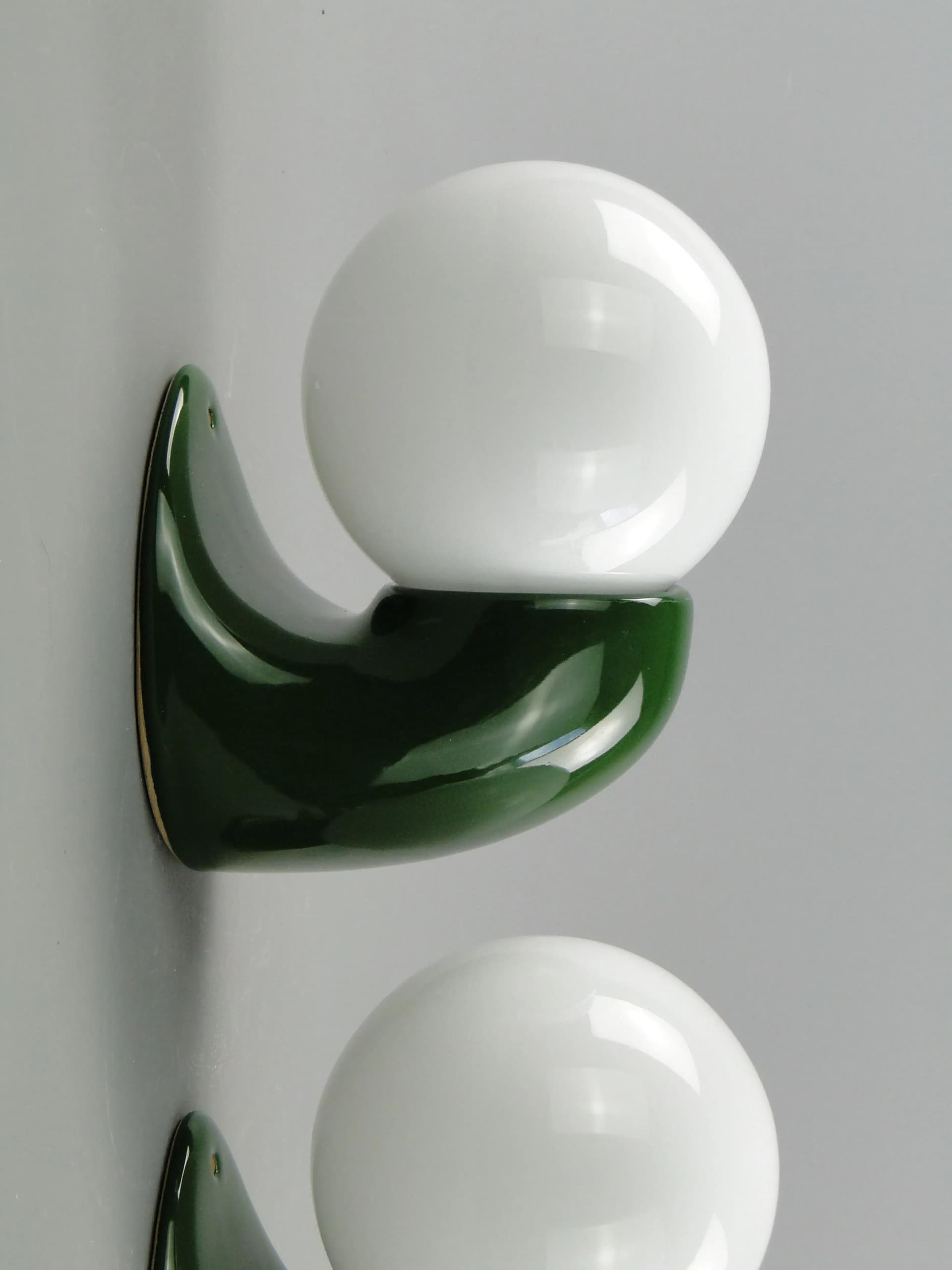 Pair of wall sconces, green ceramics, white glass, Poland, 1970s. - 162826