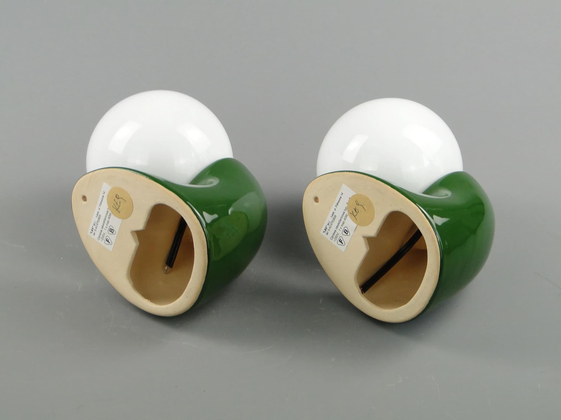 Pair of wall sconces, green ceramics, white glass, Poland, 1970s. - 162827