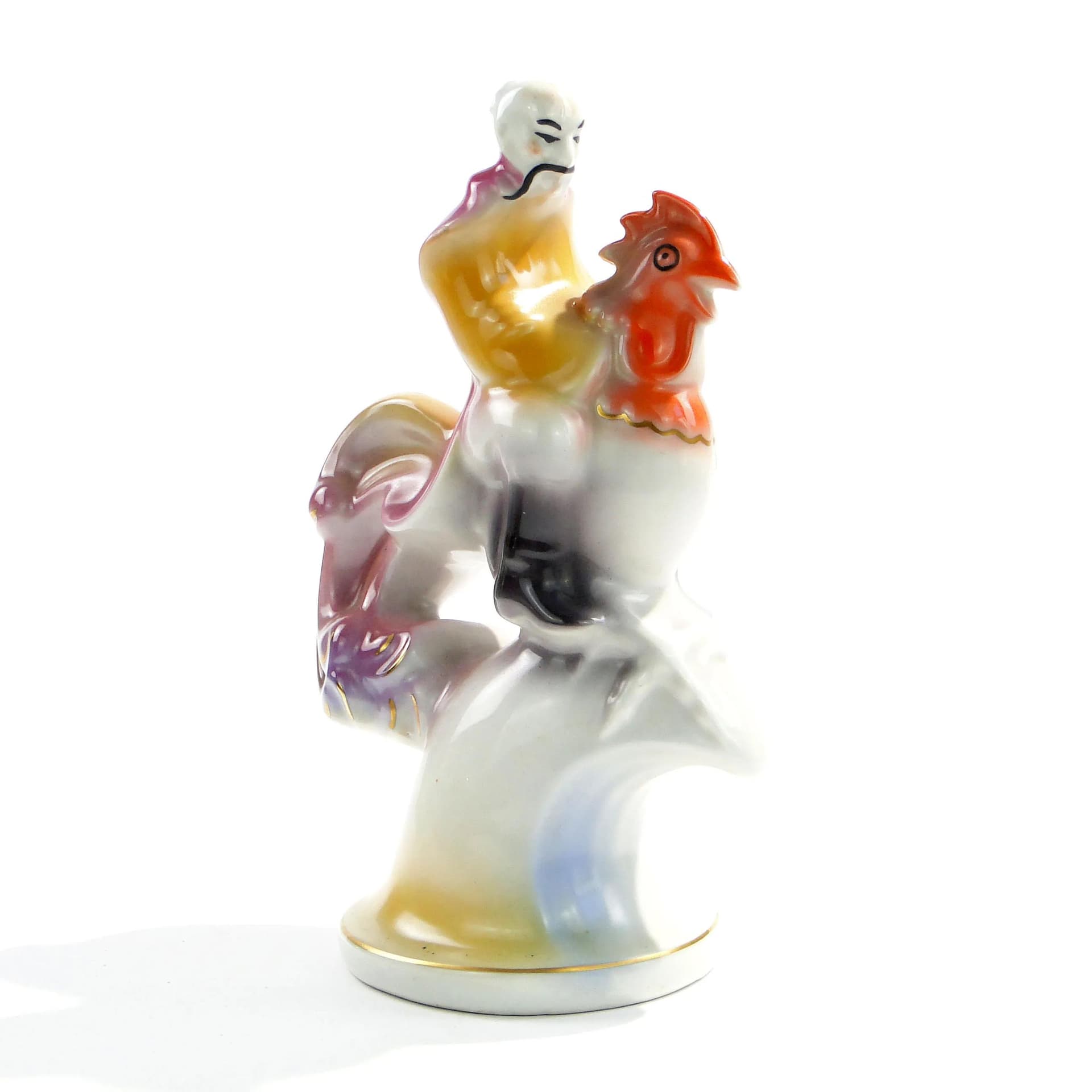 Figura Twardowski na kogucie, multikolor, porcelana, proj. T. Szafran, Ćmielów, Polska, lata 30. - 162817