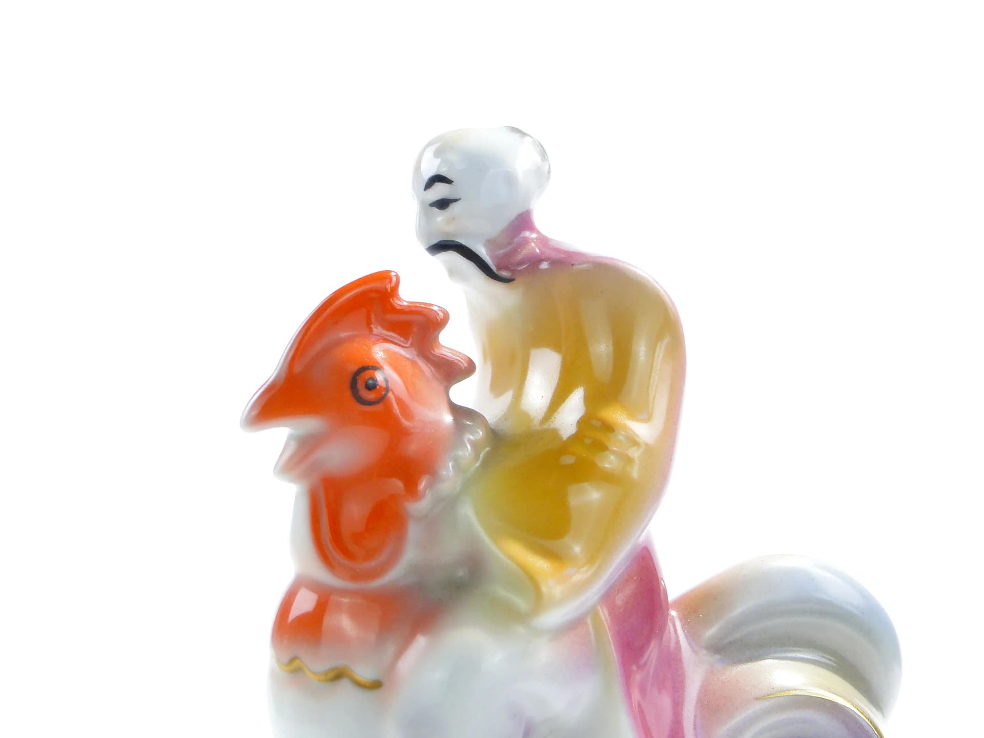 Figura Twardowski na kogucie, multikolor, porcelana, proj. T. Szafran, Ćmielów, Polska, lata 30. - 162815