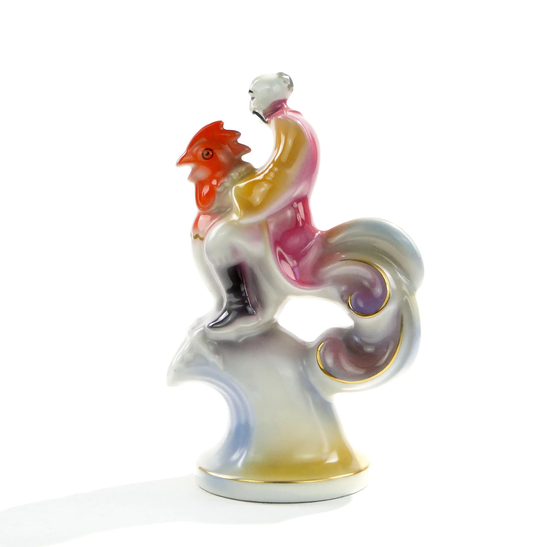 Figura Twardowski na kogucie, multikolor, porcelana, proj. T. Szafran, Ćmielów, Polska, lata 30. - 162813