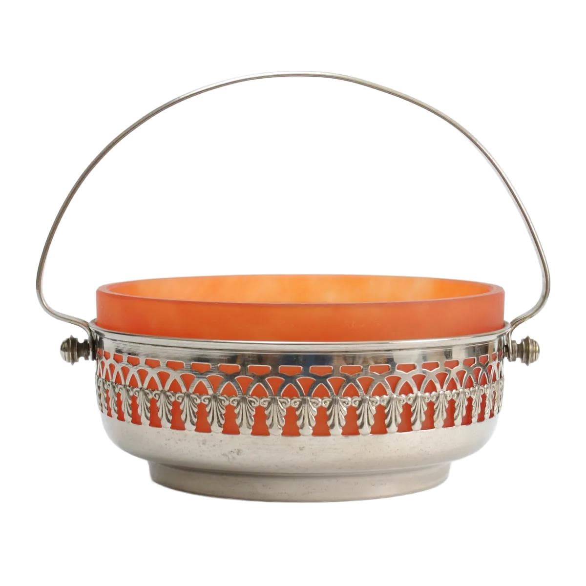 Sugar bowl, orange glass, nickel-plated brass, early 20th c.
