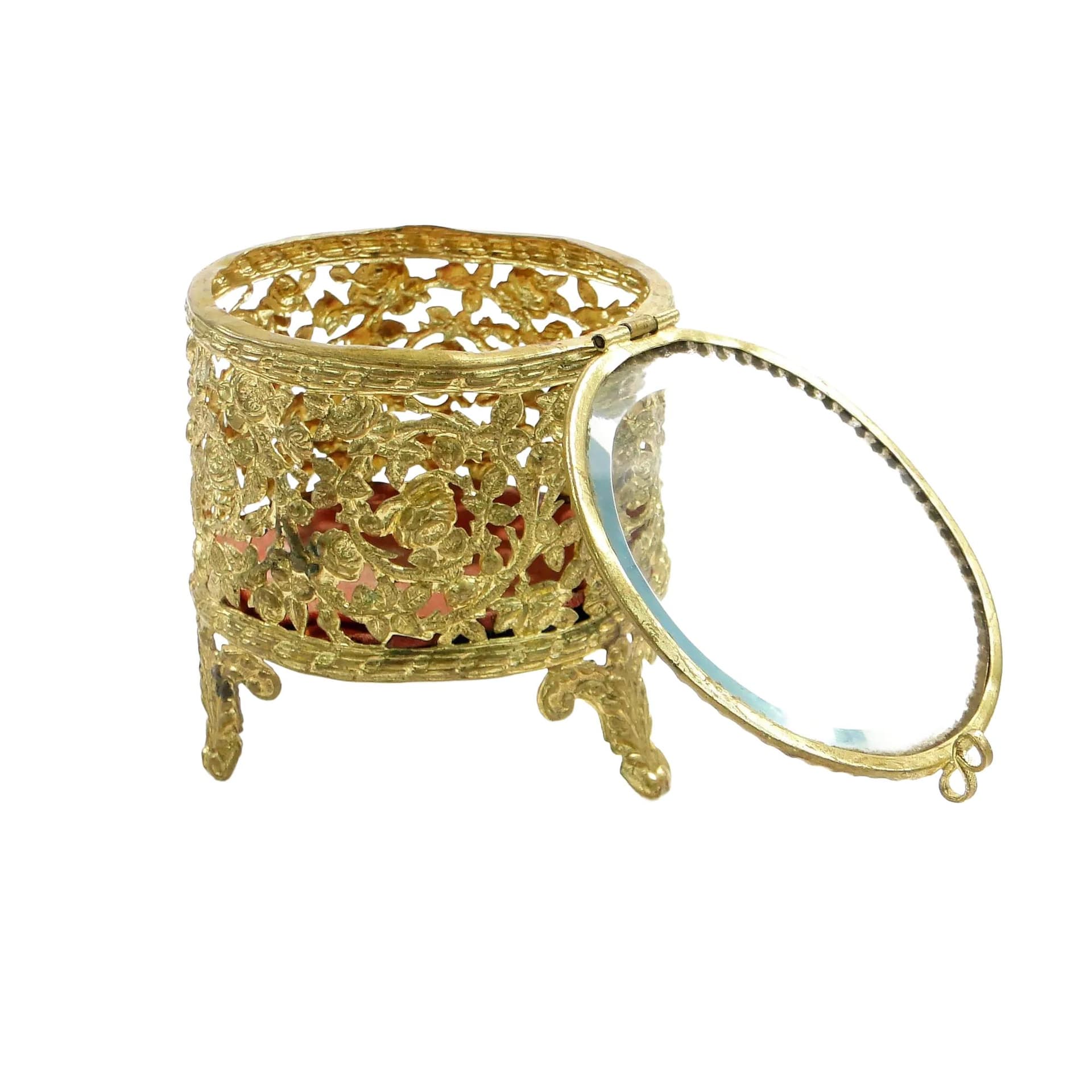 Jewelry box, Neo-Baroque, crystal glass gilt brass, red silk, France, 19th c.