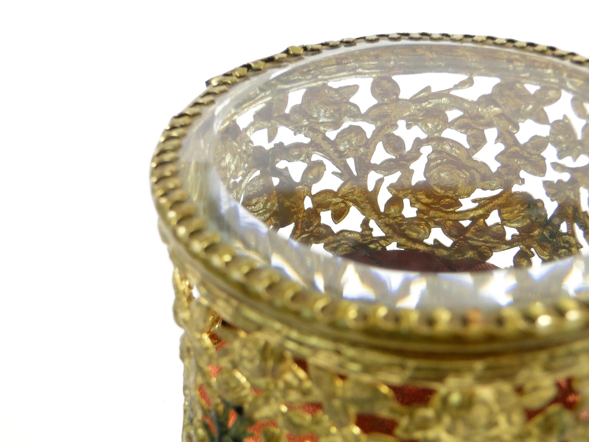 Jewelry box, Neo-Baroque, crystal glass gilt brass, red silk, France, 19th c. - 162736