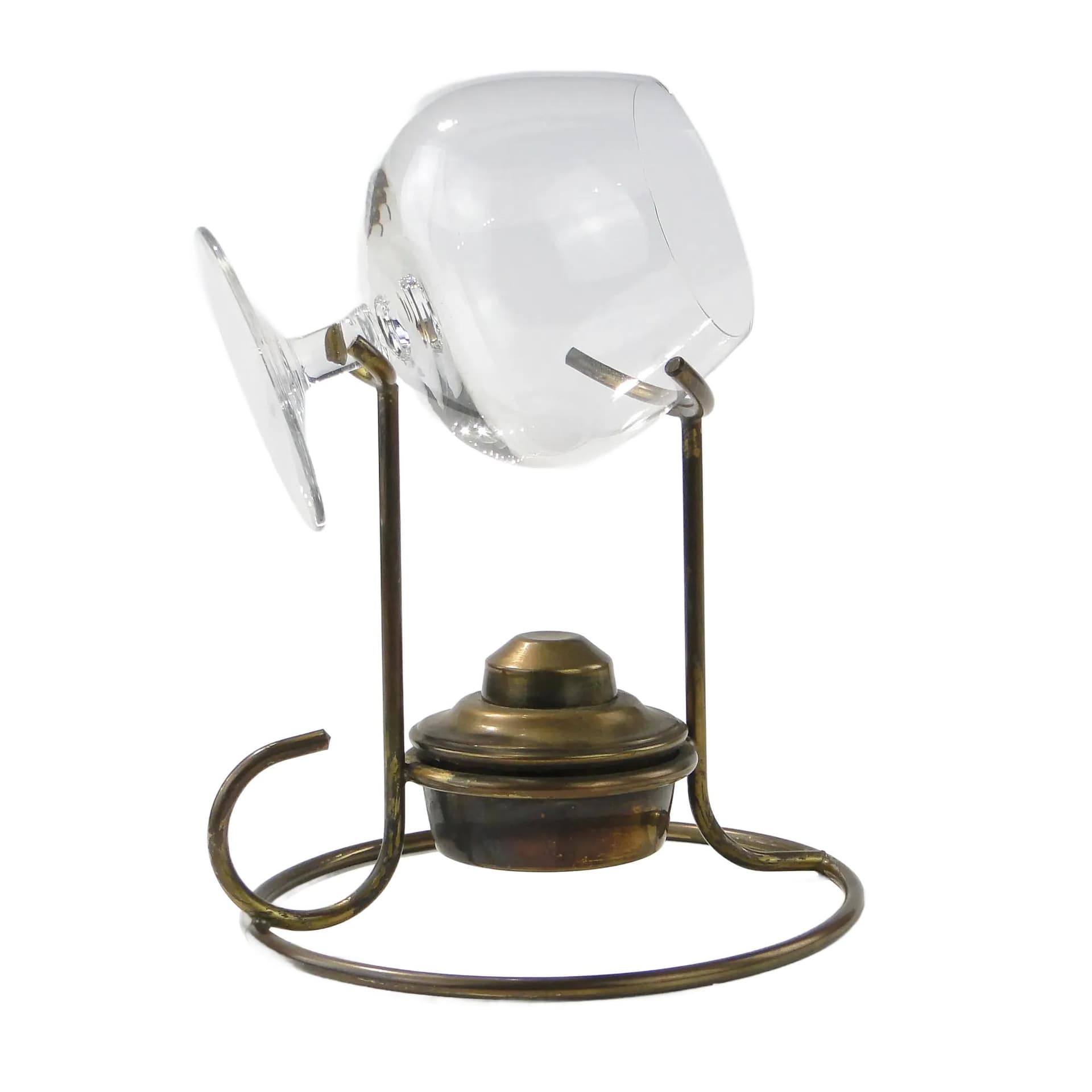 Podgrzewacz do brandy z kieliszkiem, mosiądz złoty, szkło przezroczyste, Anglia, lata 40.