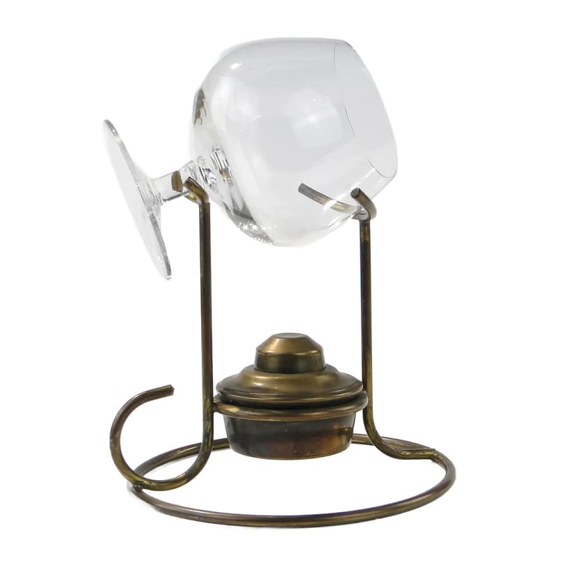 Podgrzewacz do brandy z kieliszkiem, mosiądz złoty, szkło przezroczyste, Anglia, lata 40.