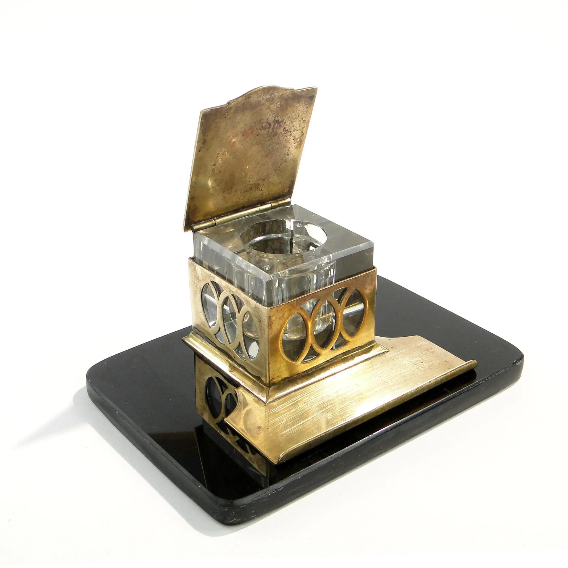 Kałamarz gabinetowy Art Deco, szkło czarne, Polska, lata 30. - 162721