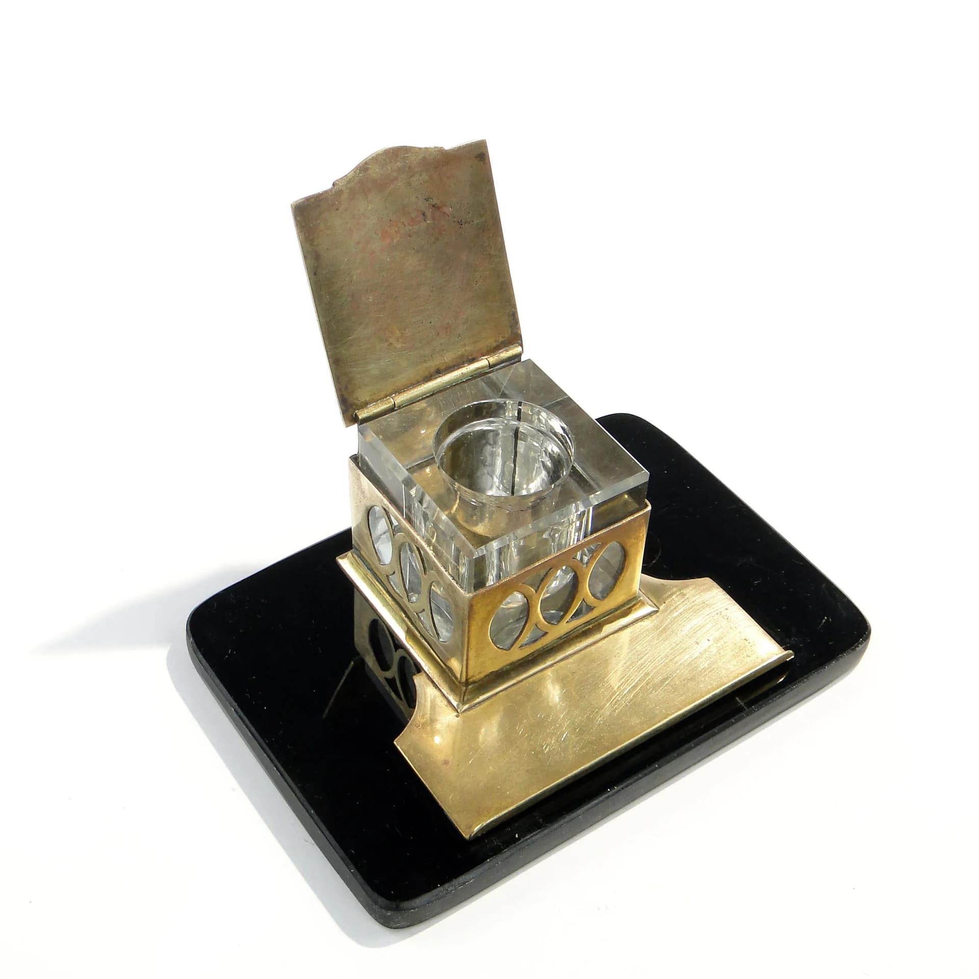 Kałamarz gabinetowy Art Deco, szkło czarne, Polska, lata 30. - 162714