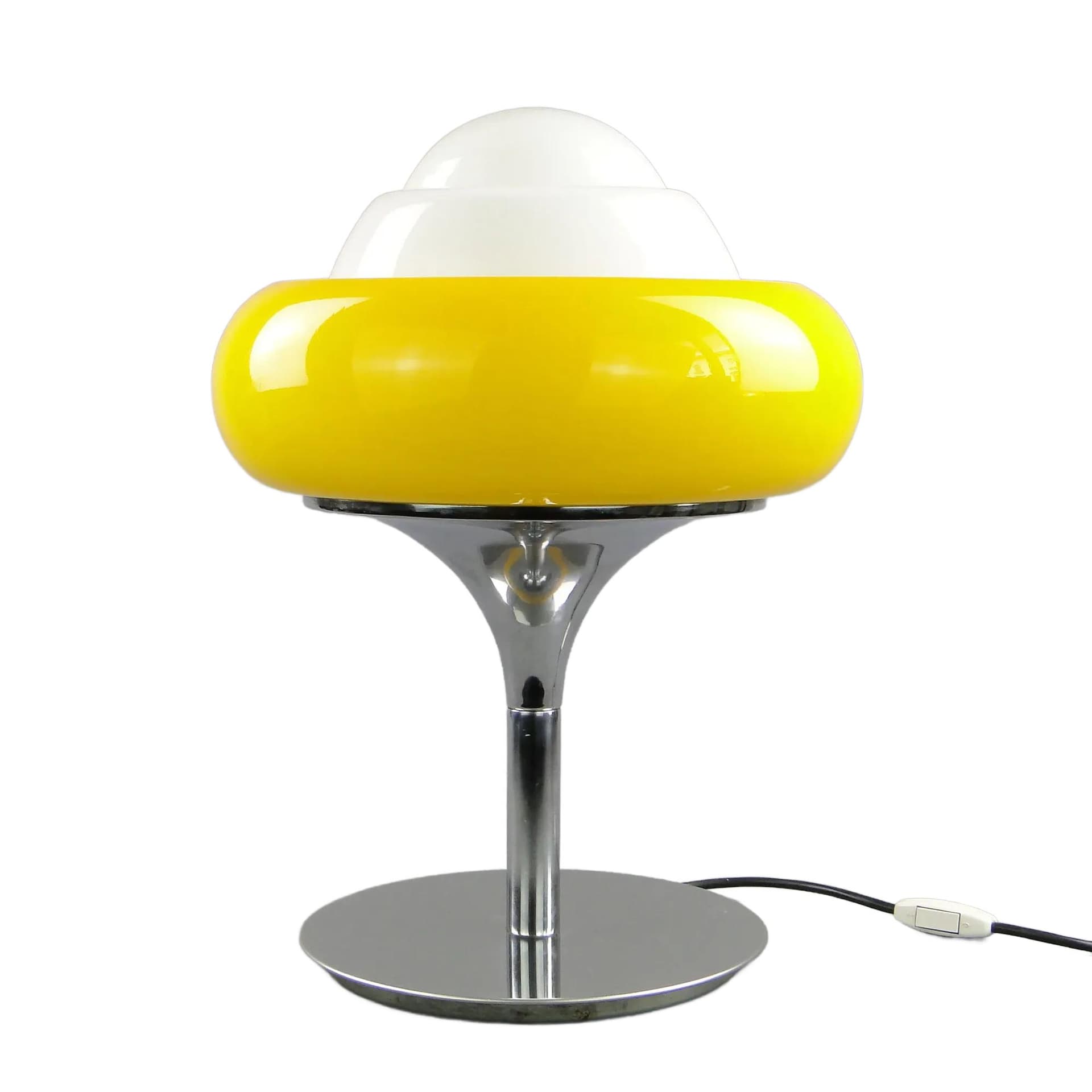 Lampa stołowa Guzini, Space Age, akryl żółty, szkło białe, metal chromowany, Włochy, lata 80.