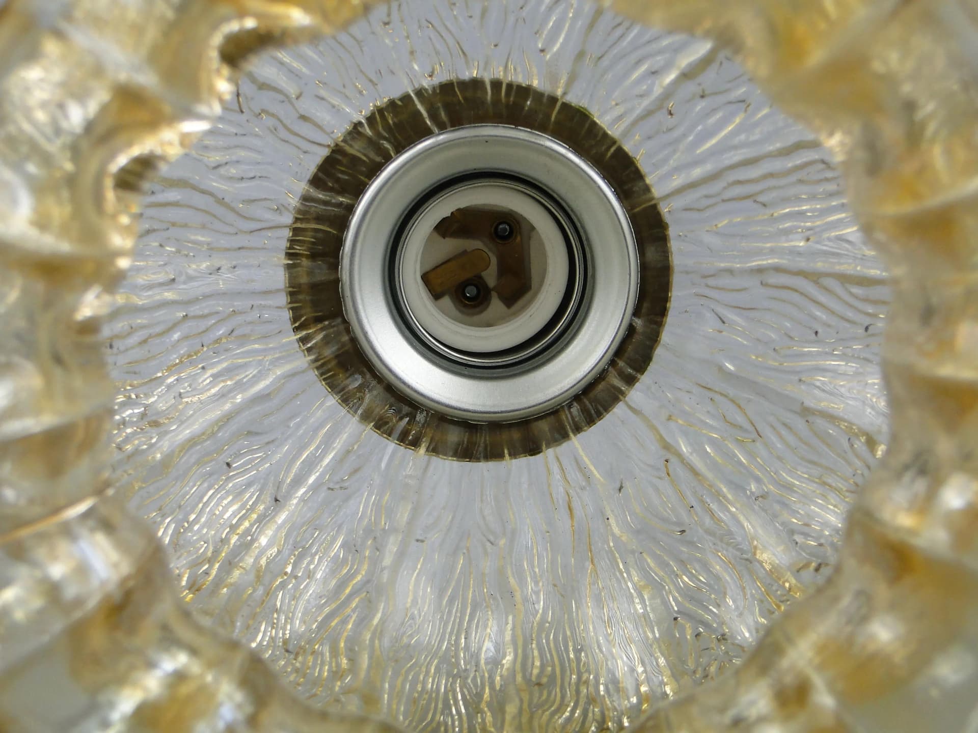 Pair of ceiling lamps, golden glass, brass, Poland, 1960s. - 162648