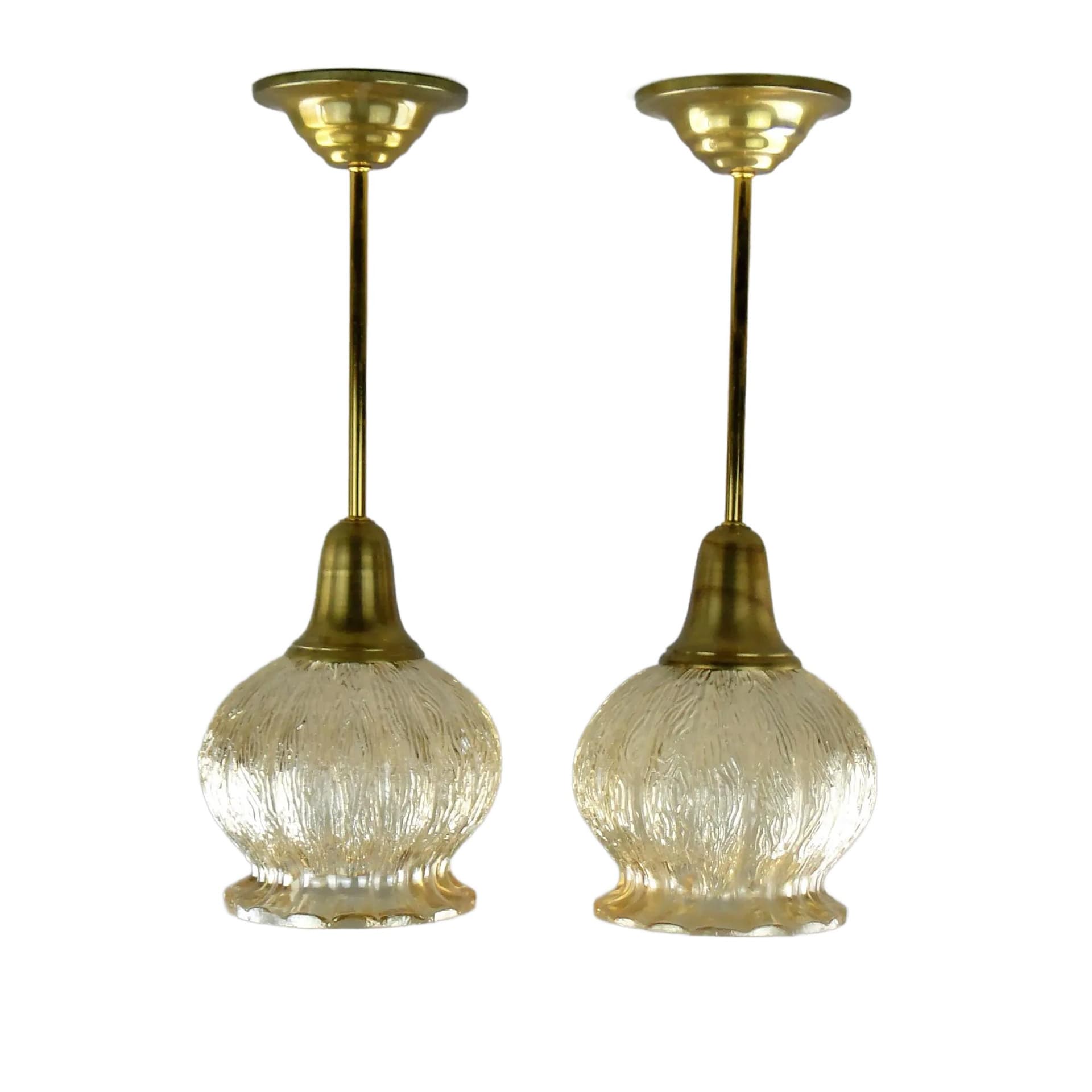 Pair of ceiling lamps, golden glass, brass, Poland, 1960s.